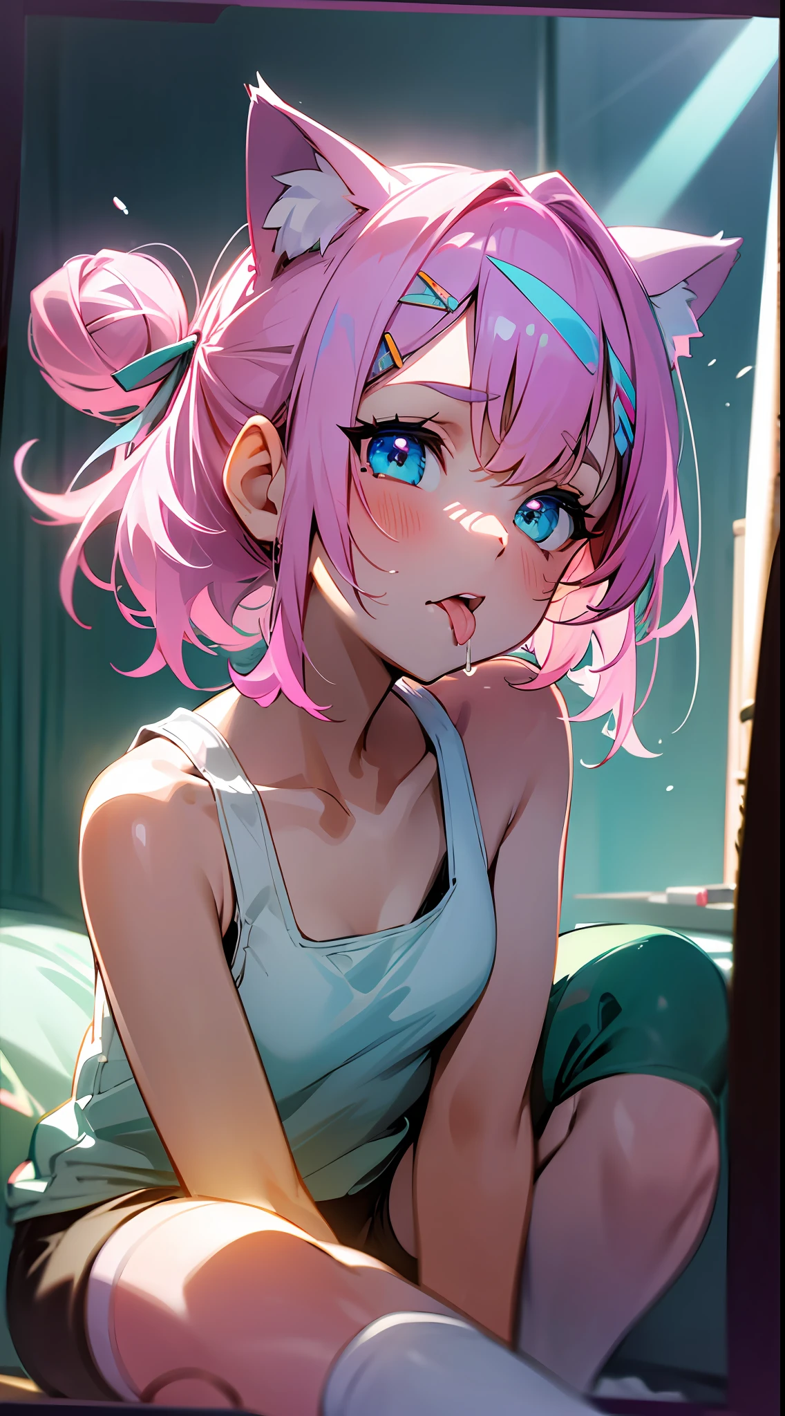 Tank top, shorts, 165 tall, little girl wearing over-the-knee socks, on the pure white sheets in the bedroom, pillows, a confused expression, just woke up and rubbed her eyes, There is also saliva at the corner of the mouth, bangs, double bun, pink hair, hairclip, hair ribbon, mole under eye, heart-shaped pupils, aqua eyes, cat ears, saliva, mouth hold, tongue out, oral invitation, Surrealism, anime, Verism, chiaroscuro, cinematic lighting, god rays, backlighting, three sided view, framed, lens flare, Wide-Angle, highres, UHD, retina, masterpiece, ccurate, anatomically correct, textured skin, super detail, high details, high quality, award winning, best quality, 1080P, HD, 16k