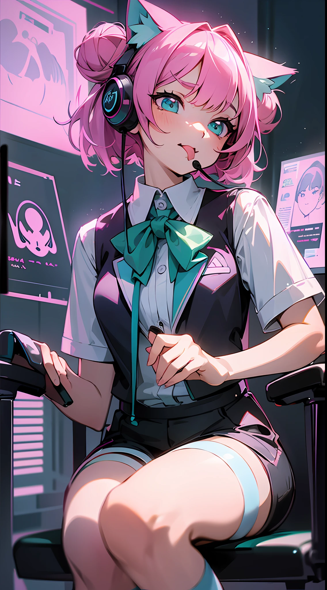 Vest, shorts, height 165, little girl in over-the-knee socks, sitting on an e-sports chair, with headphones, playing on the computer, a confused expression, just woke up and rubbed her eyes, there was saliva at the corner of her mouth, bangs, double bun, pink hair, hairpins, headbands, moles under the eyes, heart-shaped pupils, aqua green eyes, cat ears, saliva, mouth, tongue sticking out, verbal invitation, surrealism, anime, verism, chiaroscuro, cinematic lighting, god ray, backlight, three-sided view, frame, lens flare, wide angle, high resolution, uhd, retina, masterpiece, ccurate, anatomically correct, textured skin, super detail, high detail, high quality, award-winning, best quality, 1080P, HD, 16k