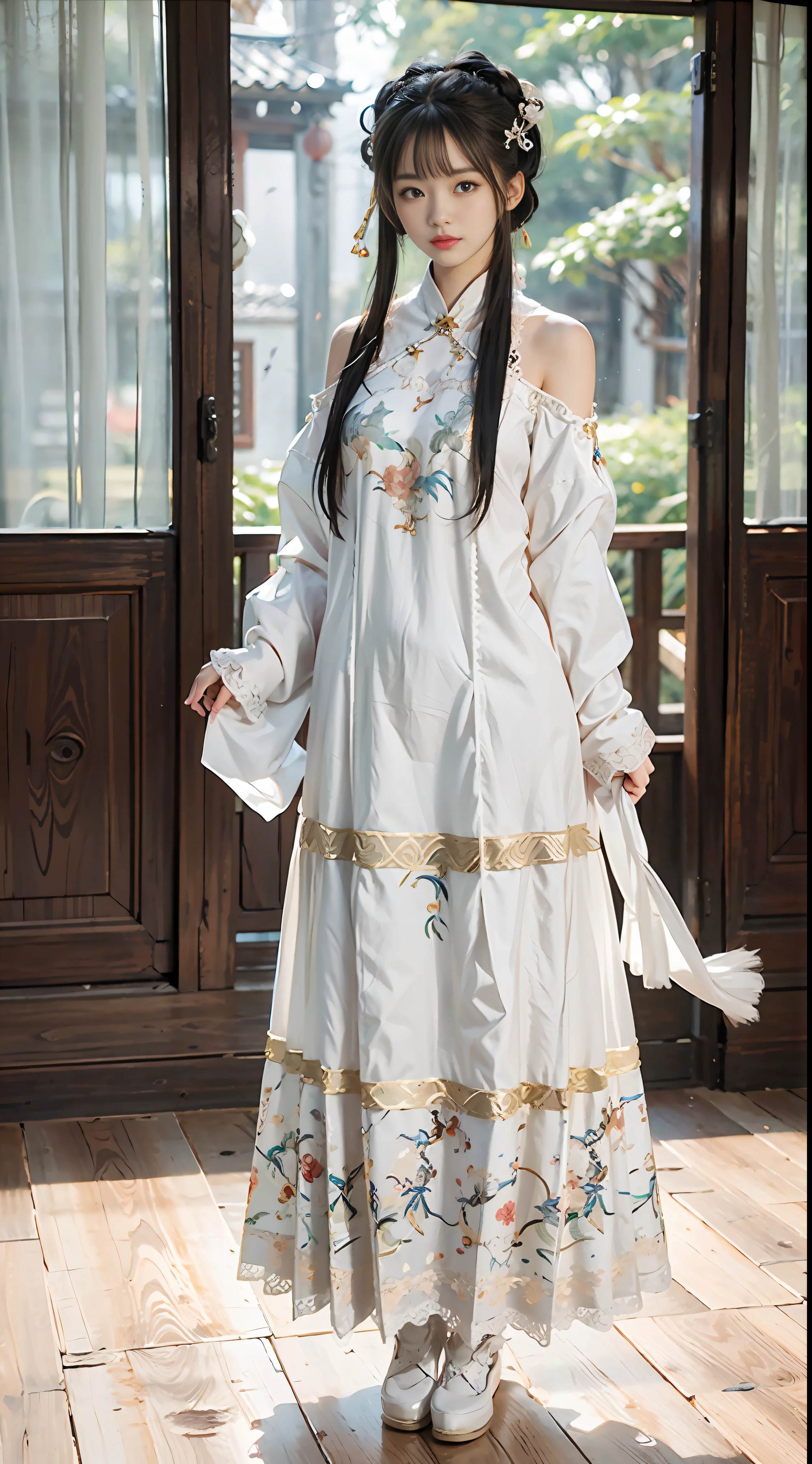 ulzzang-6500-v1.1, (raw photo:1.2), (photorealistic:1.4), beautiful and detailed girl, very detailed eyes and face, beautiful detailed eyes, absurd, incredibly ridiculous, huge file size, super detailed, high resolution, very detailed, best quality, masterpiece, kemomimi, ((Chinese woman wears Hanfu, silk, lace)), wears Chinese Hanfu, (((White Stockings)) lively pose, facing the audience, medium breasts, a Chinese dragon flying on the back of the character, sword dancing, illustration, very detailed, viewer perspective, CG, unity, 8k wallpaper, amazing, fine details, masterpiece, best quality, very detailed CG unified 8k wallpaper, face light, movie lighting, 1girl, full body, sexy, bare shoulder