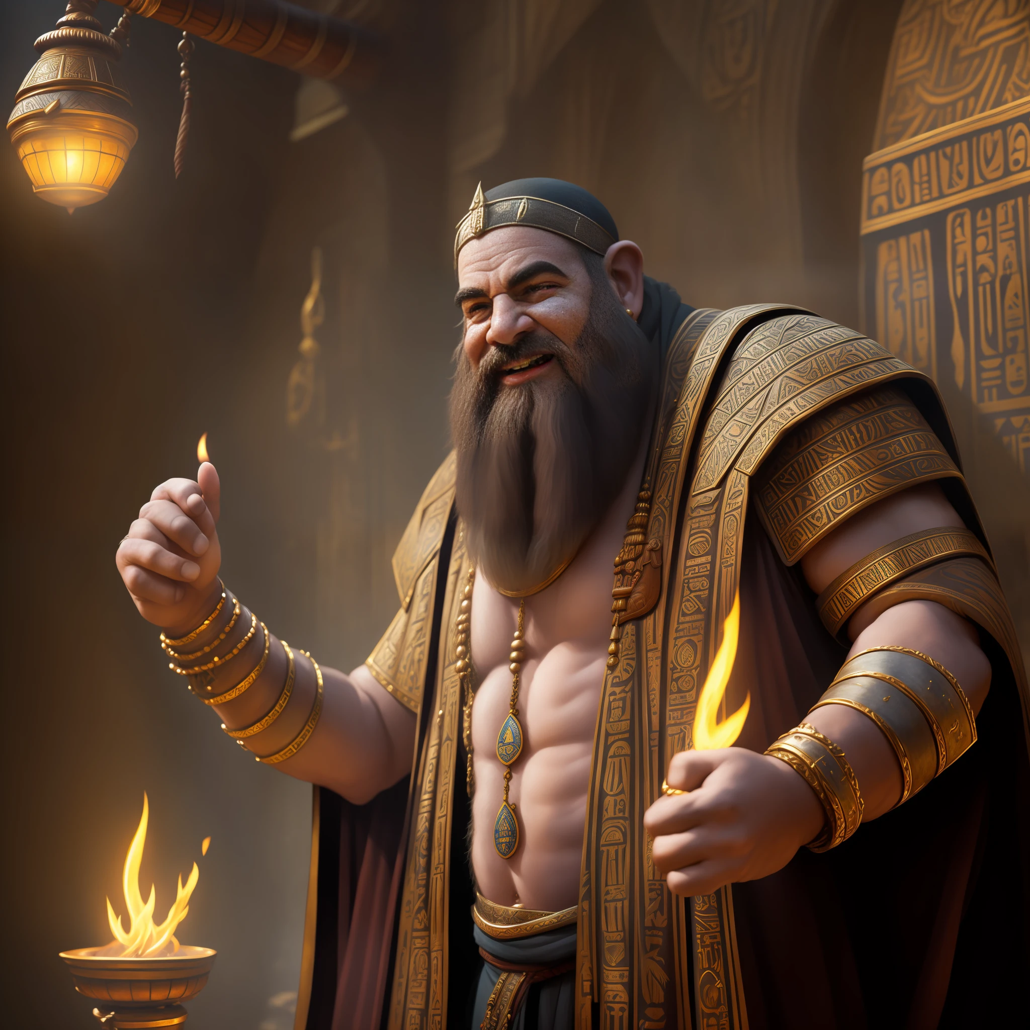 The Egyptian deity Bes, the patron of the family and the hearth, depicted as a grinning ugly bearded dwarf wearing thick wooden robes, intricate, detailed, volumetric lighting, scenery, digital painting, highly detailed, artstation, sharp focus, illustration, concept art, ruan jia, steve mccurry