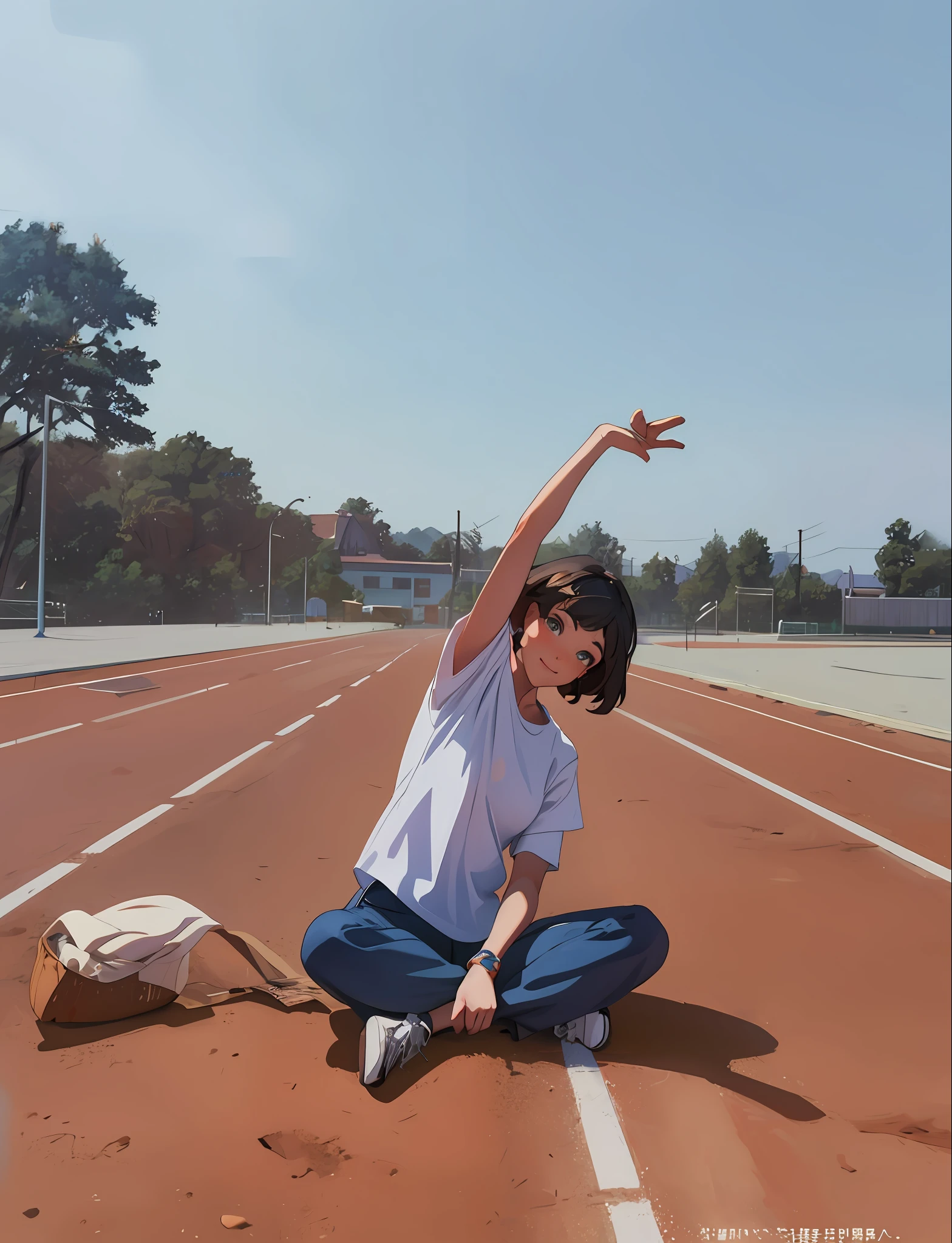 There is a beautiful young girl sitting on the track, smiling, arms up, wearing a white T-shirt, blue jeans, inspired by Ma Yuanyu, 35mm —w 1920 —h 1080, 8k)), lofi girl aesthetic, inspired by Zou Yigui, high quality lenses, lofi girl, high quality photos, photography], (masterpiece:1,2), best quality, masterpiece, highres, original, extremely detailed wallpaper, perfect lighting,(extremely detailed CG:1.2), drawing, ​paintbrus​h,