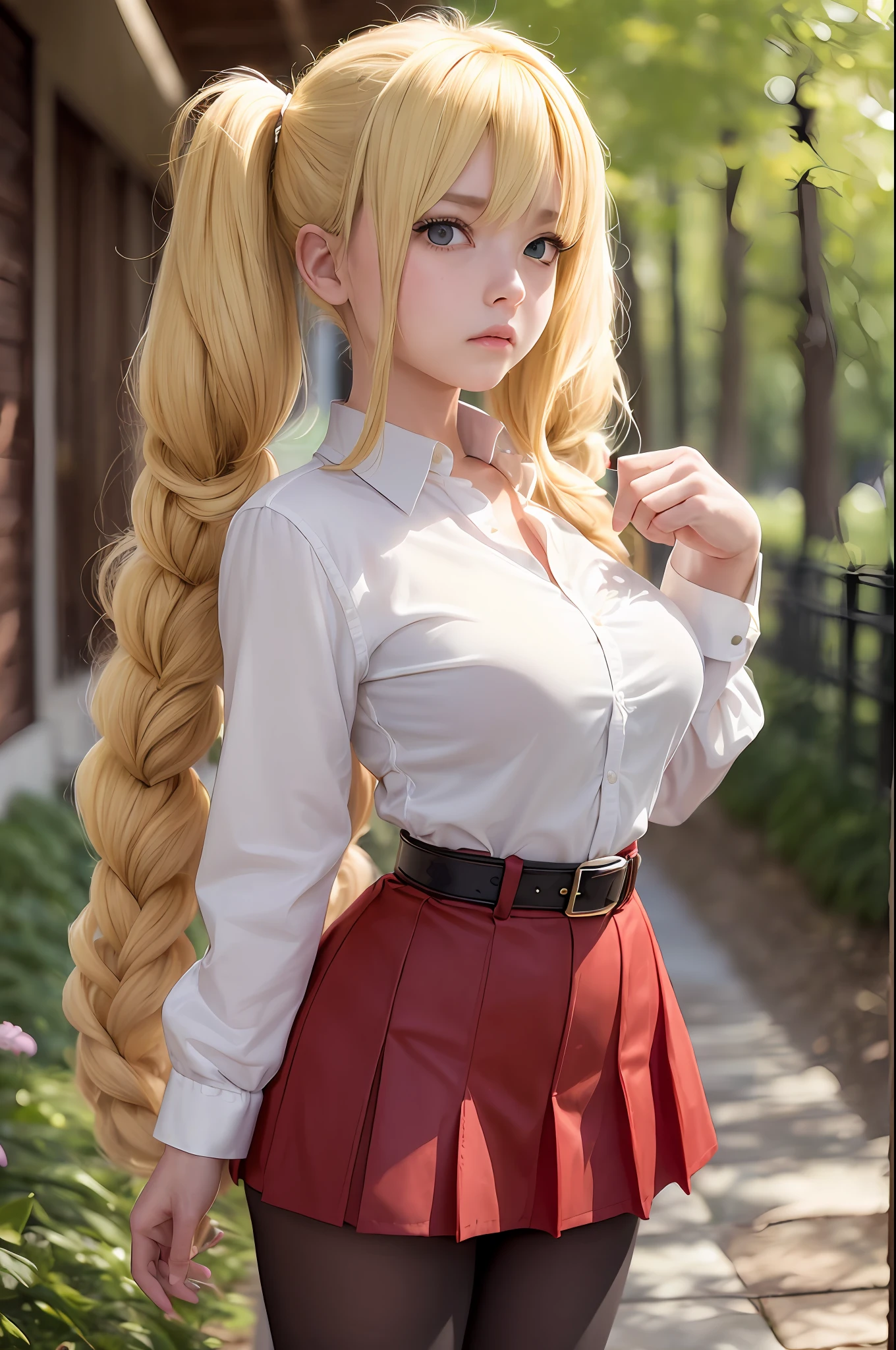 masterpiece, best quality, super detailed, beautiful detailed face, intricate details, flat color, depth of field, outline, overall view, camera away, girl, teenager, anime, standing, full-length, girl visible in full height, wide stance, (legs spread wide:1.4), hands on the waist, (hands on the belt:1.3), elbows to the sides, fighting stance, (village:1), nature, (blonde:1.6), (twintails:1.5),  red pleated mini skirt, red skirt, white shirt, white shirt, unbuttoned top buttons, unbuttoned shirt, white blouse, (without bra:1.1), plunging neckline, black tights, detailed leather texture, detailed fabric texture, ????????????, (blue eyes:1,1), (ruddy:1), dissatisfied, angry, furious, (frowned:1.5)