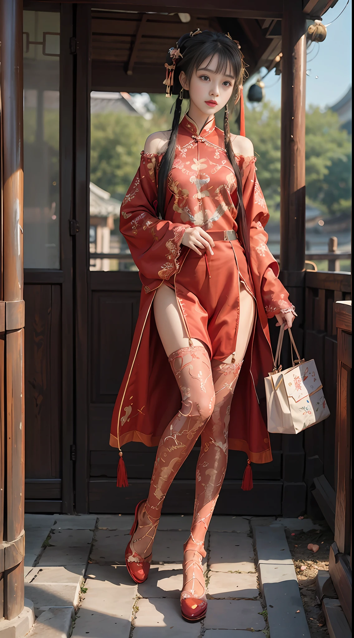 ulzzang-6500-v1.1, (raw photo:1.2), (photorealistic:1.4), beautiful and detailed girl, very detailed eyes and face, beautiful detailed eyes, absurd, incredibly ridiculous, huge file size, super detailed, high resolution, very detailed, best quality, masterpiece, kemomimi, ((Chinese woman wears Hanfu, silk, lace)), wears Chinese Hanfu, ((Red Stockings)) lively pose, facing the audience, medium breasts, very detailed, viewer perspective, CG, unity, 8k wallpaper, amazing, fine details, masterpiece, best quality, very detailed CG uniform 8k wallpaper, face light, movie lighting, 1girl, full body, sexy, bare shoulder