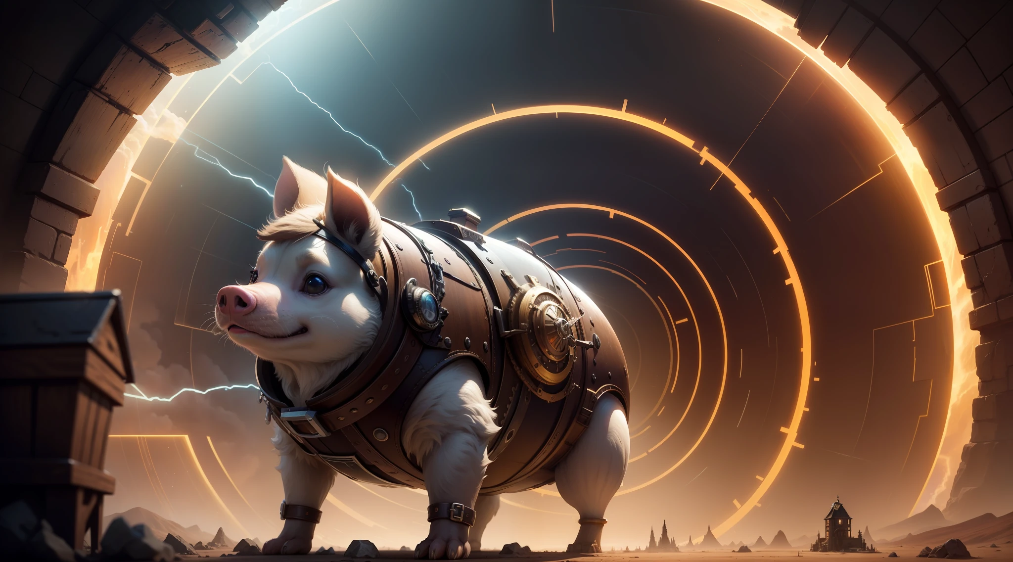 /Imagination Tips: Illustration In Time Tunnel, a steampunk piglet travels through time, steampunk piglet: :15, cute piglet: :18, traverses dimensions: :12, time tunnel, lots of lightning, lightning, lightwaves: :15, center composition: :5, elevation perspective: :12, Unreal Engine: :14, cinematic light: :10, volumetric light: :10, drama: :8, fantasy: 7, super mass: :8, underworld: :13, steampunk: :15 -- Seed 4294967295 --s 400 --q 2 --c 40