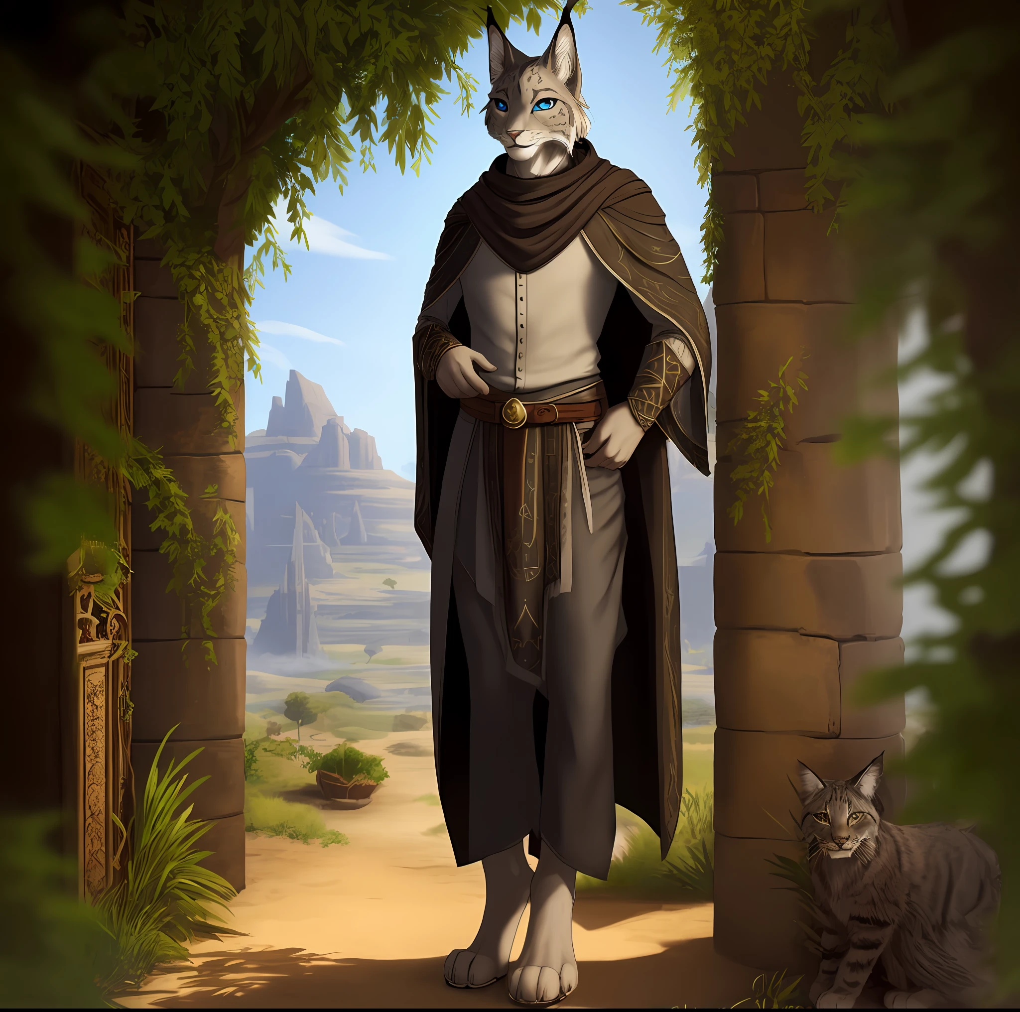 There is a cat standing in the doorway, a fantasy genre portrait, a fantasy character portrait, a full-length D&D portrait, a noble lynx man in black robes dressed in an ancient costume, an adventurer portrait, a full-length male clergyman portrait, flowing robes and leather armor, RPG fantasy portrait, an adventurer costume, a large cloak