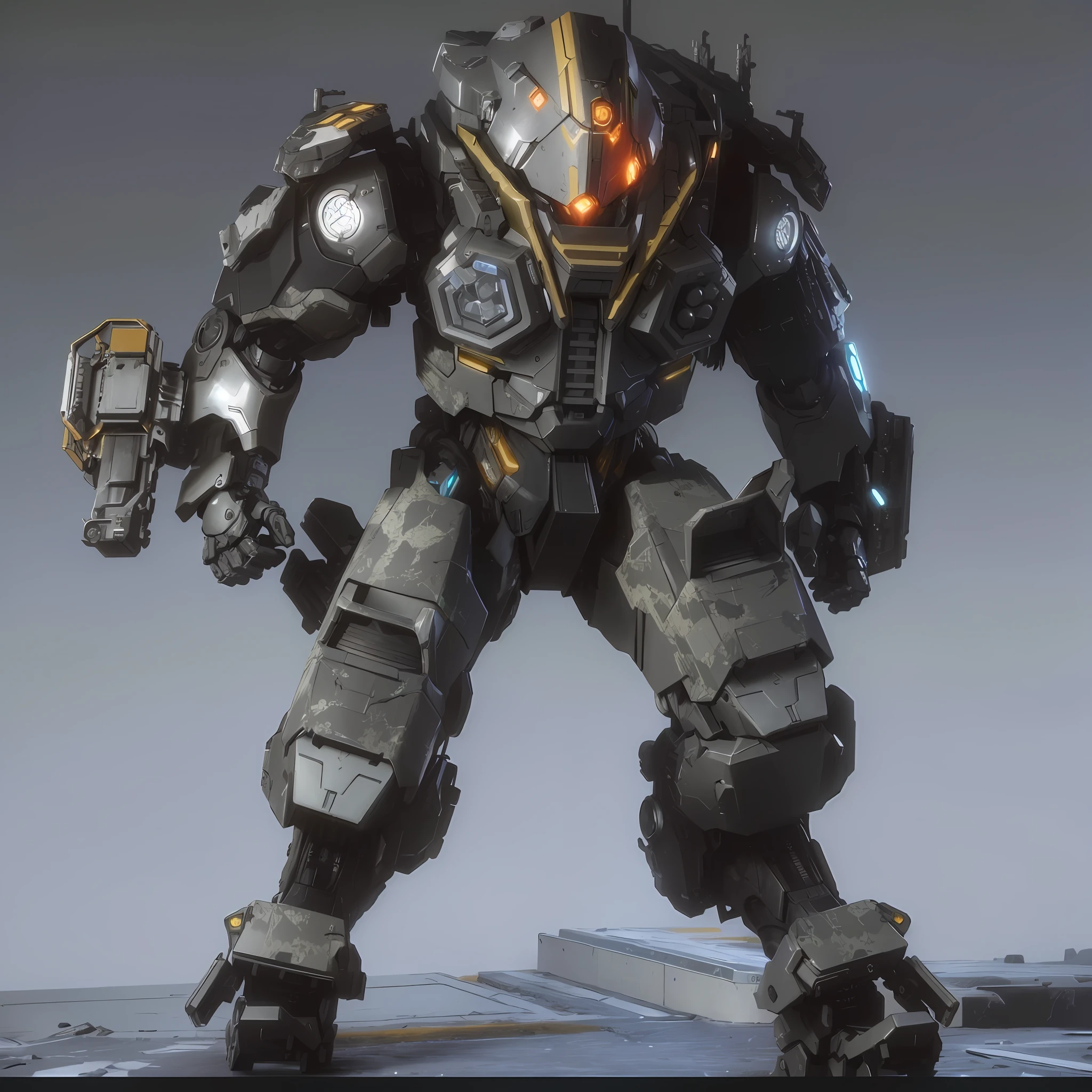 a close up of a robot with a gun in its hand, anthem game inspiration, pacific rim jaeger, broken ruin pacific rim jaeger, 4 k octan render, full cybernetic combat suit, pacific-rim-mech in background, as a titan, octane 4k render, octane 4 k render, full body mech, ultimate octane render, combat mech clothes --auto --s2