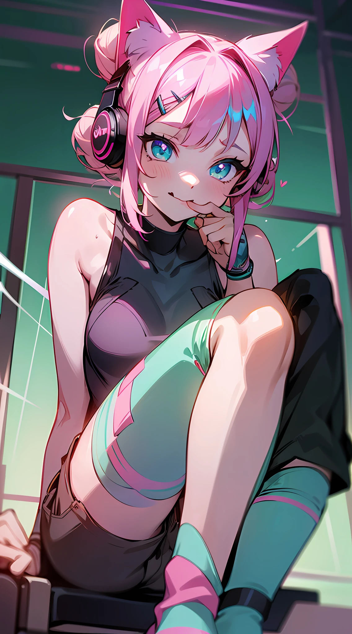 Vest, shorts, height 165, little girl in over-the-knee socks, sitting on a gaming chair, with headphones, playing on the computer, with a confused expression, just woke up and rubbed her eyes, there was saliva at the corner of her mouth, bangs, double bun, pink hair, hairpins, headbands, moles under the eyes, heart-shaped pupils, aqua-green eyes, cat ears, saliva, mouth, nervous and cold verbal invitation, surrealism, anime, verism, chiaroscuro, cinematic lighting, god ray, backlight, three-sided view, frame, lens flare, wide angle , high resolution, UHD, retina, masterpiece, ccurate, anatomically correct, textured skin, super detail, high detail, high quality, award-winning, best quality, 1080P, HD, 16k