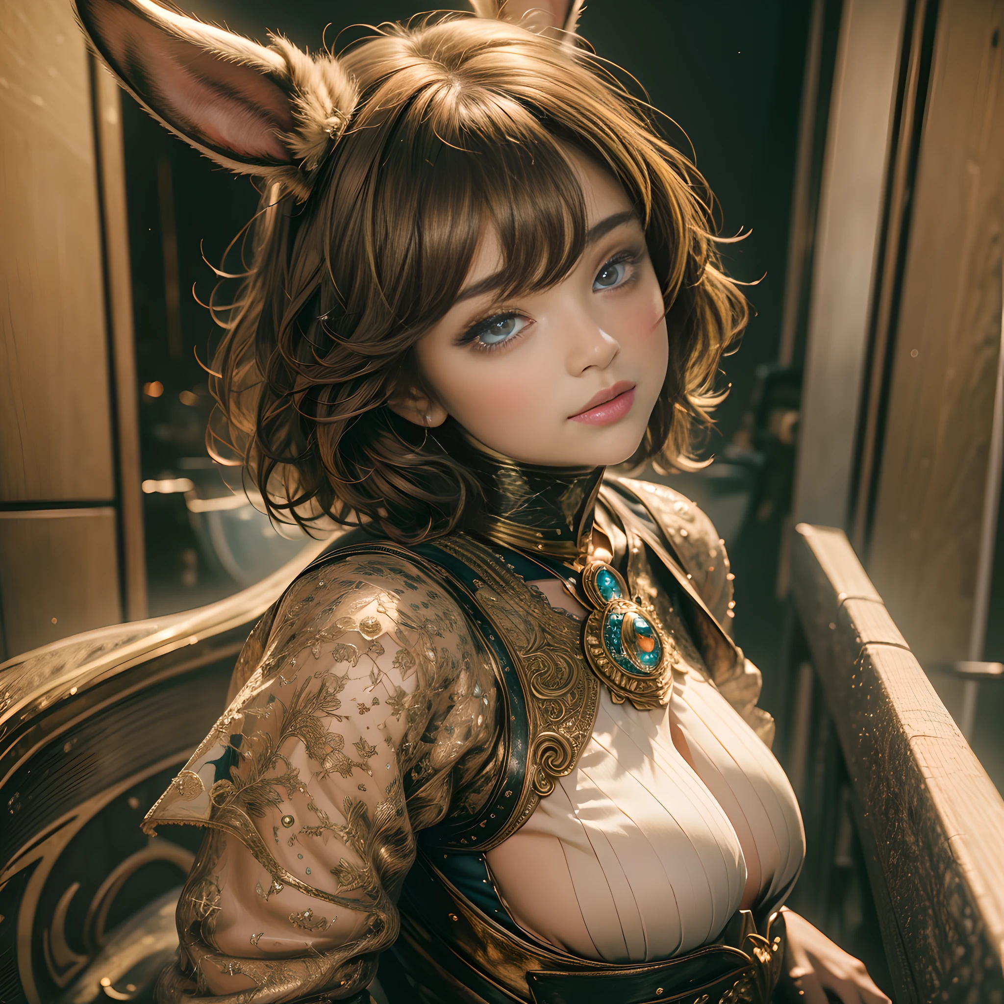 (masterpiece, sidelighting, finely detailed beautiful eyes: 1.2), masterpiece*portrait, realistic, 3d face, arousing, lewd, bunny girl, brown hair, short hair, perfect artwork, lustrous skin, upper body, rolling eyes, ahegao, simple background, studio lighting, indoor,