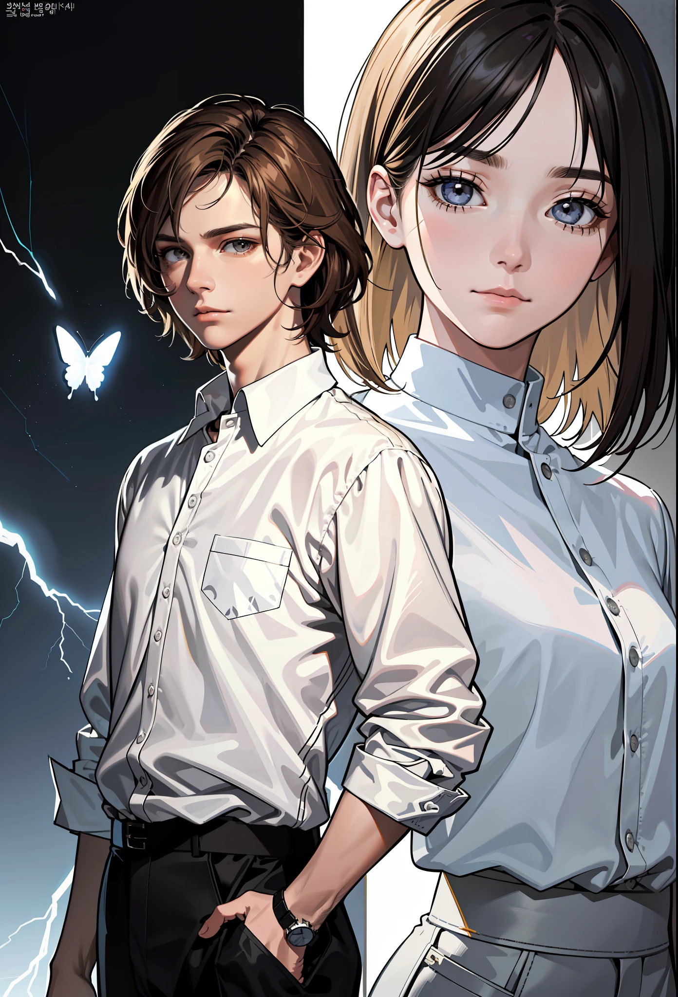 movie poster, butterfly, science fiction, movie, atmosphere, sky, male and female couple, blonde and long-haired woman, adult, (realism: 1.4), top quality, masterpiece, male, thin, (1 man, white loose shirt, black pants, viewer watch, brown hair, gray eyes, closed mouth, upper body), (idol face, Korean face, sharp eyeliner) (male), (face focus, potreit, Lightning in the movie, (light spring theme, short-haired man),((close-up of female face on background of man standing in foreground))
