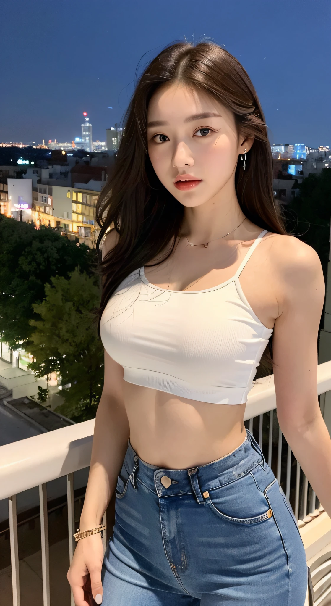((midnight, 8k, best quality, very detailed, wallpaper, fidelity, fine details, masterpiece, best quality)), full body, long calves, focal length: 1.2, perfect body beauty: 0.8, strong abs: 1.5, (dark brown hair, big breasts: 1.65)), (white skinny crop top, low-rise jeans, standing: 1.2), ((city night view, balcony: 1.3)), highly detailed face and skin texture, fine eyes, double eyelids, whitening skin, long hair, Smooth skin: 1.2