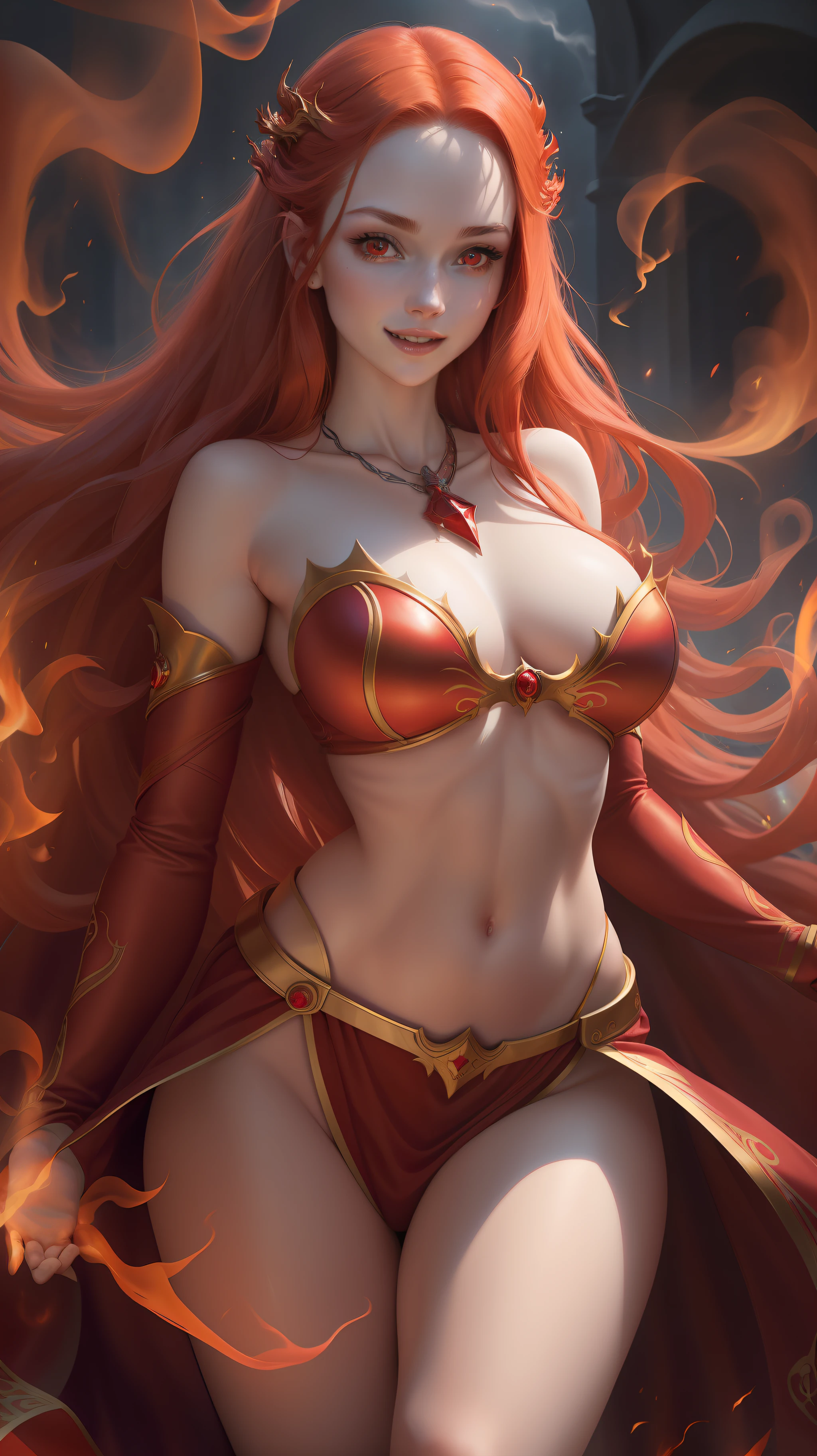 Beautiful woman with a perfect face, perfect body figures, realistic facial expression, long red curl hair, red eyes, pale skin, wearing a red tunic with intricate decorations, exposed belly and thighs, witch, confident expression (dynamic Angle, dazzling red eyes, delicate necklace, confident smile), (flames background, fire sparklings, glowing particles, flame and smoke, faint darkness), high saturation, movie light, edge light, best shadow