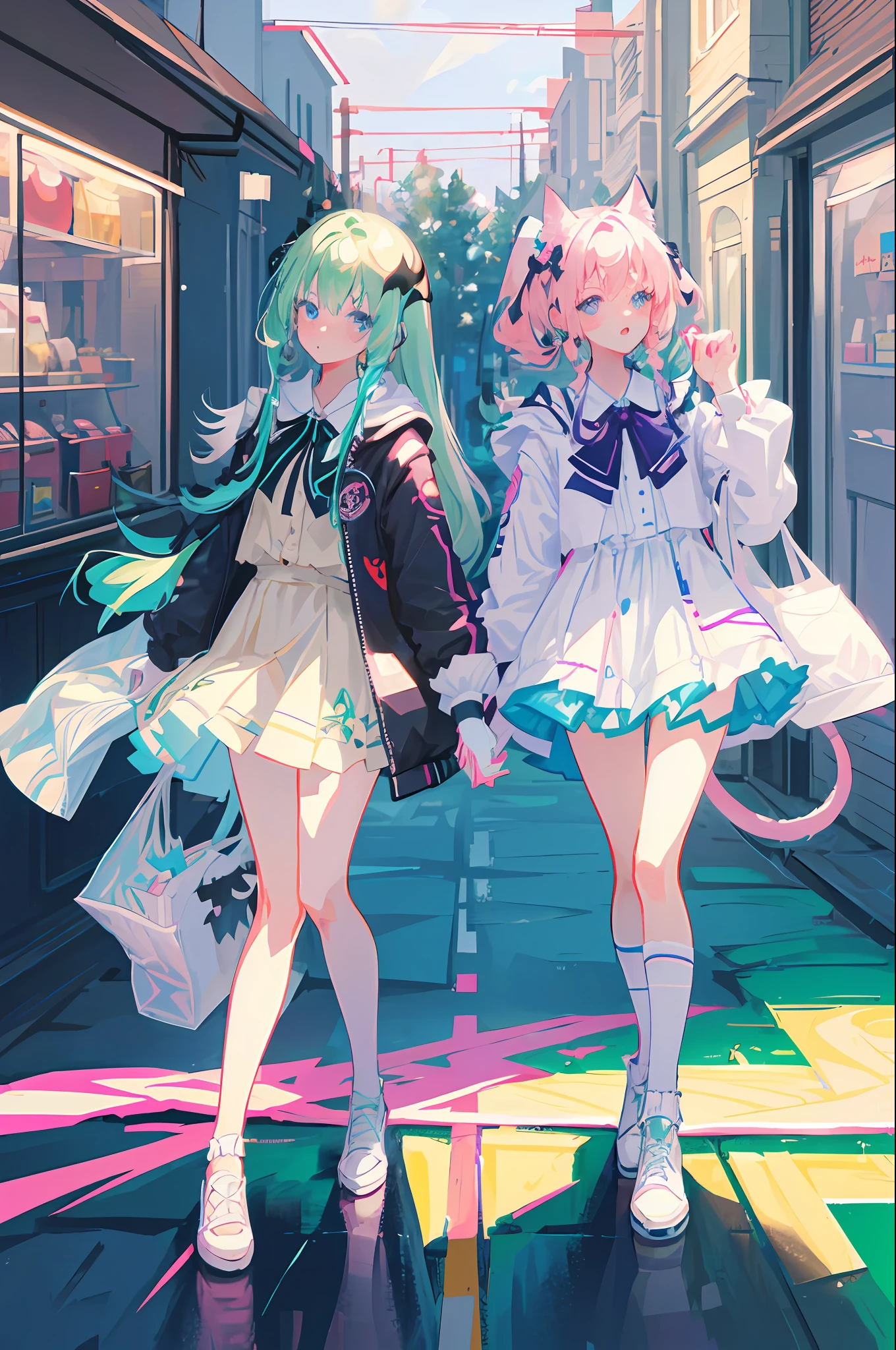 2 girls, green hair purple eyes straight hair braid braided hair, another, pink hair blue eyes curly hair, (Unreal Engine, 3D, CG, ray tracing, RTX on, ambient photoscale, very synchronous , ultra graphic quality, anti-aliasing, HDR, RTX 4090 ultra graphic settings, 8x MSAA, super shadow quality, super sampling), (bat crazy quality), (masterpiece, best quality: 1.2), 2 girls, huh, (tail: 1.3), animal_ears, white_hair, grey_ eyes, fingerless_gloves, thighs, arch, one of canine poses,