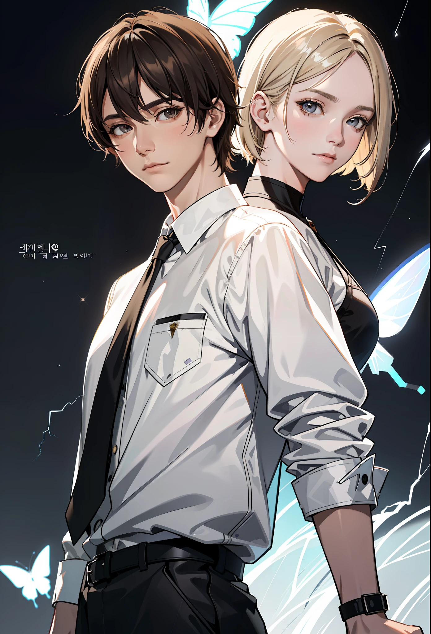 movie poster, butterfly, science fiction, movie, atmosphere, sky, male and female couple, blonde and long-haired woman, adult, (realism: 1.4), top quality, masterpiece, male, thin, (1 man, white loose shirt, black pants, viewer watch, brown hair, gray eyes, closed mouth, upper body), (idol face, Korean face, sharp eyeliner) (male), (face focus, potreit, Lightning in the movie, (light spring theme, short-haired man),((close-up of female face on background of man standing in foreground))