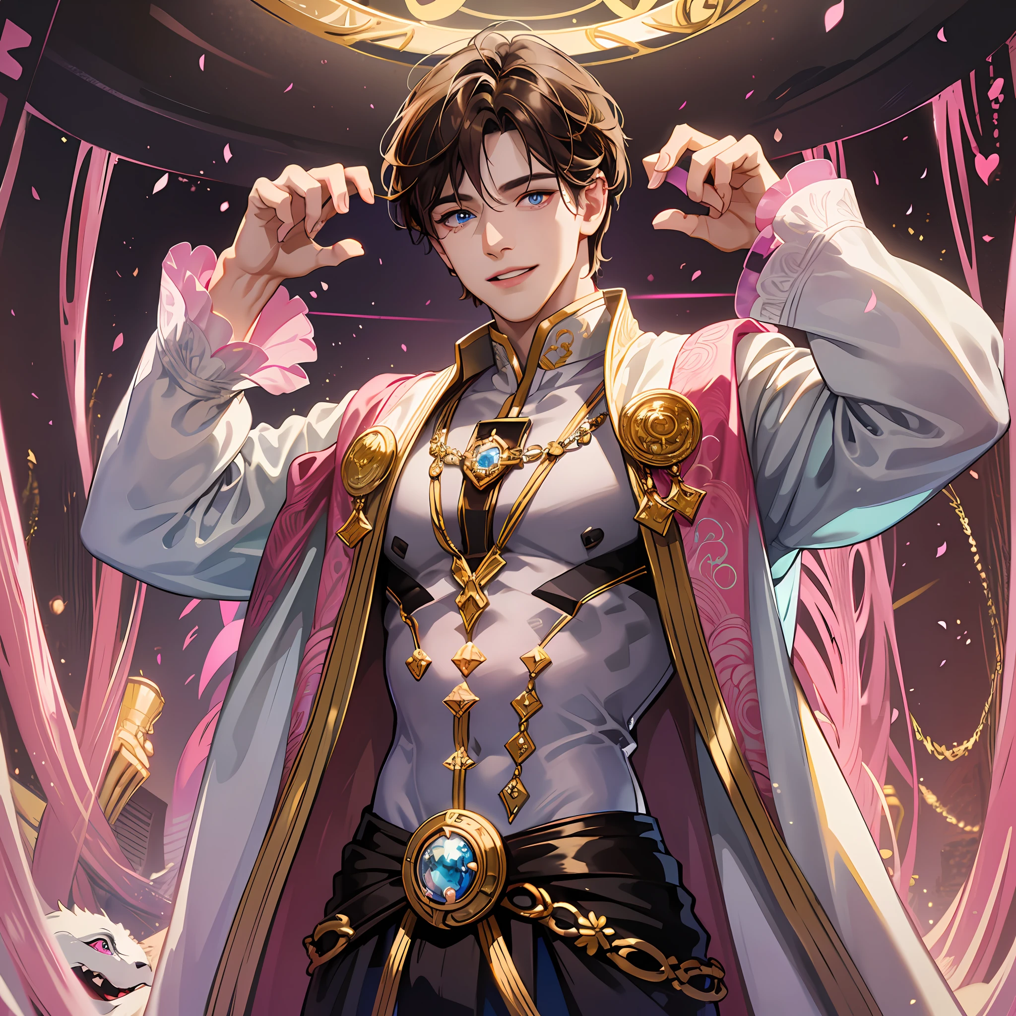 Young man with one blue eye and the other brown eye smiling standing with open arms, heterochromia, well-structured male body, gold jewelry on his body, dark brown hair, reflection of pink light,, white scenery background, floor with many ultra-detailed pink snakes