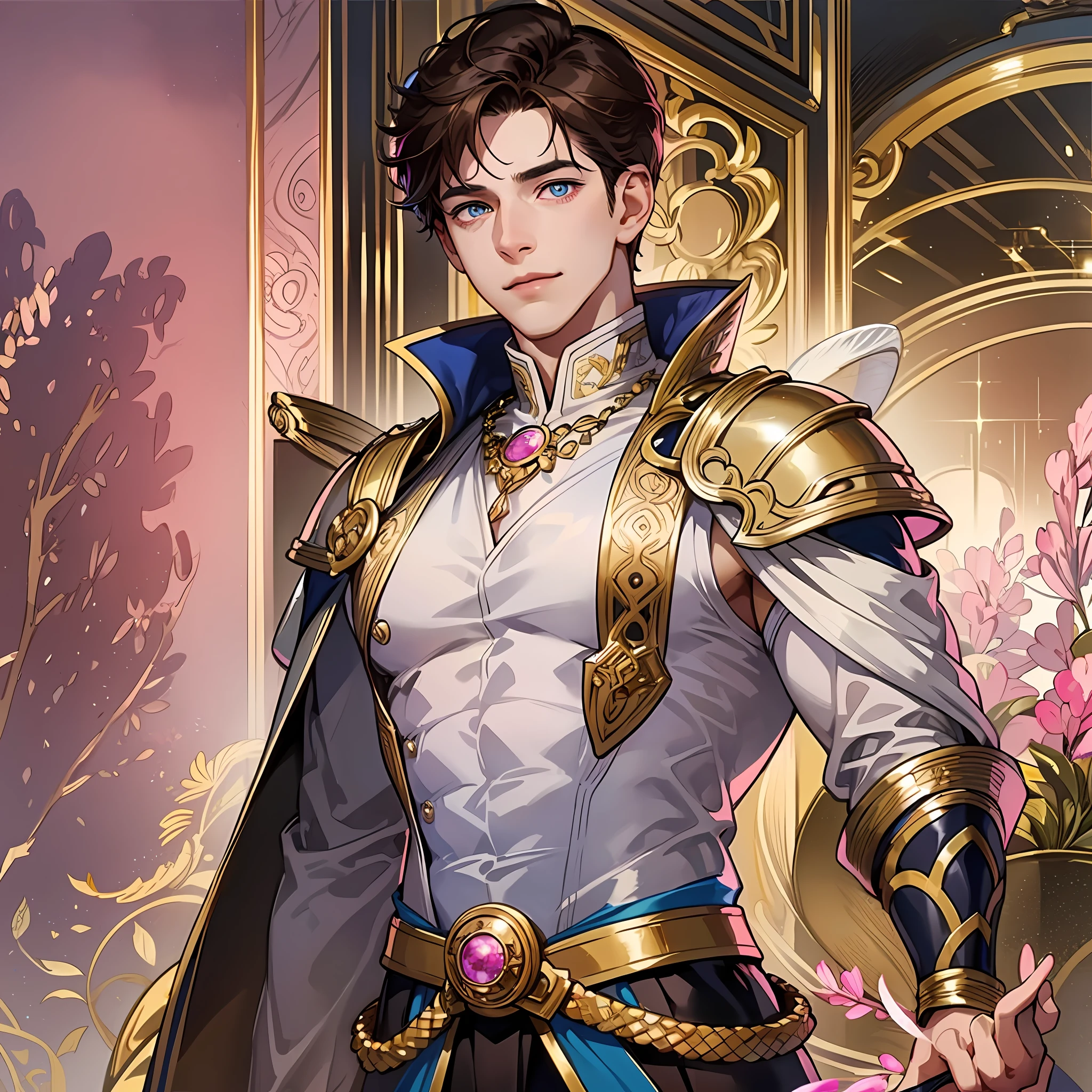 Young man with one blue eye and the other brown eye smiling standing with open arms, heterochromia, well-structured male body, gold jewelry on his body, dark brown hair, reflection of pink light,, white scenery background, floor with many ultra-detailed pink snakes