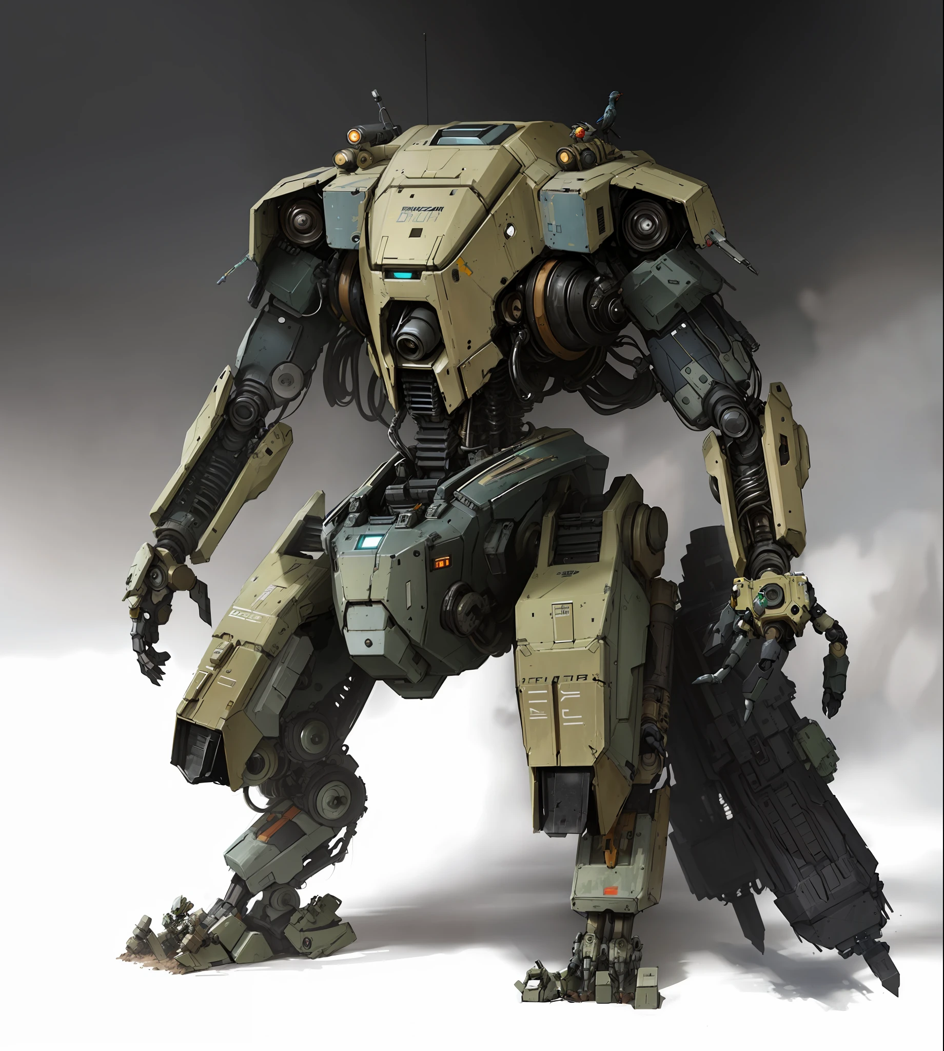 a close up of a robot with a bird on its back, full body mech, mech concept art, mech suit, mech robot futuristic, painterly humanoid mecha, mega humanoid mech, humanoid mech, by Craig Mullins, sci-fi mech, mech robot, metal gear mech, robot concept art, war robot, mech body, battletech style --auto --s2