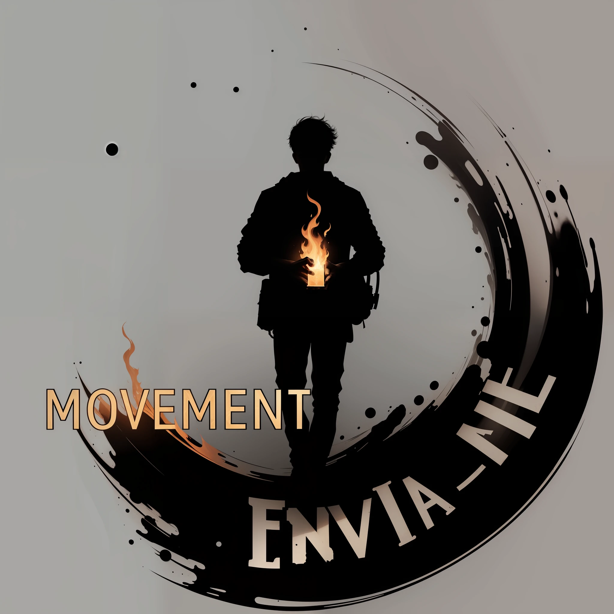"(Young man holding a flame and a Bible), minimalism, background written "MOVEMENT", "Send me" written on the black spot. " --auto --s2