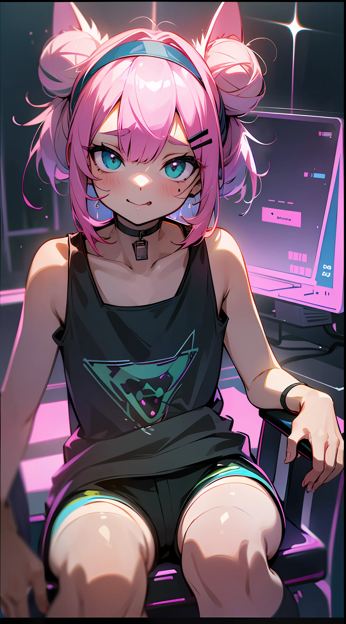 Tank top, shorts, height 165, little girl in over-the-knee socks, gaming room, three computers on table, sitting in gaming chair, confident expression, raised corners of mouth, bangs, double bun, pink hair, hairpins, headband, moles under eyes, heart-shaped pupils, aqua-green eyes, cat ears, saliva, mouth, tongue sticking out, verbal invitation, surrealism, anime, verism, chiaroscuro, cinematic lighting, god ray, backlight, three-sided view, frame, lens flare, wide angle, high resolution, UHD, retina , Masterpiece, ccurate, anatomically correct, textured skin, super detail, high detail, high quality, award-winning, best quality, 1080P, HD, 16k