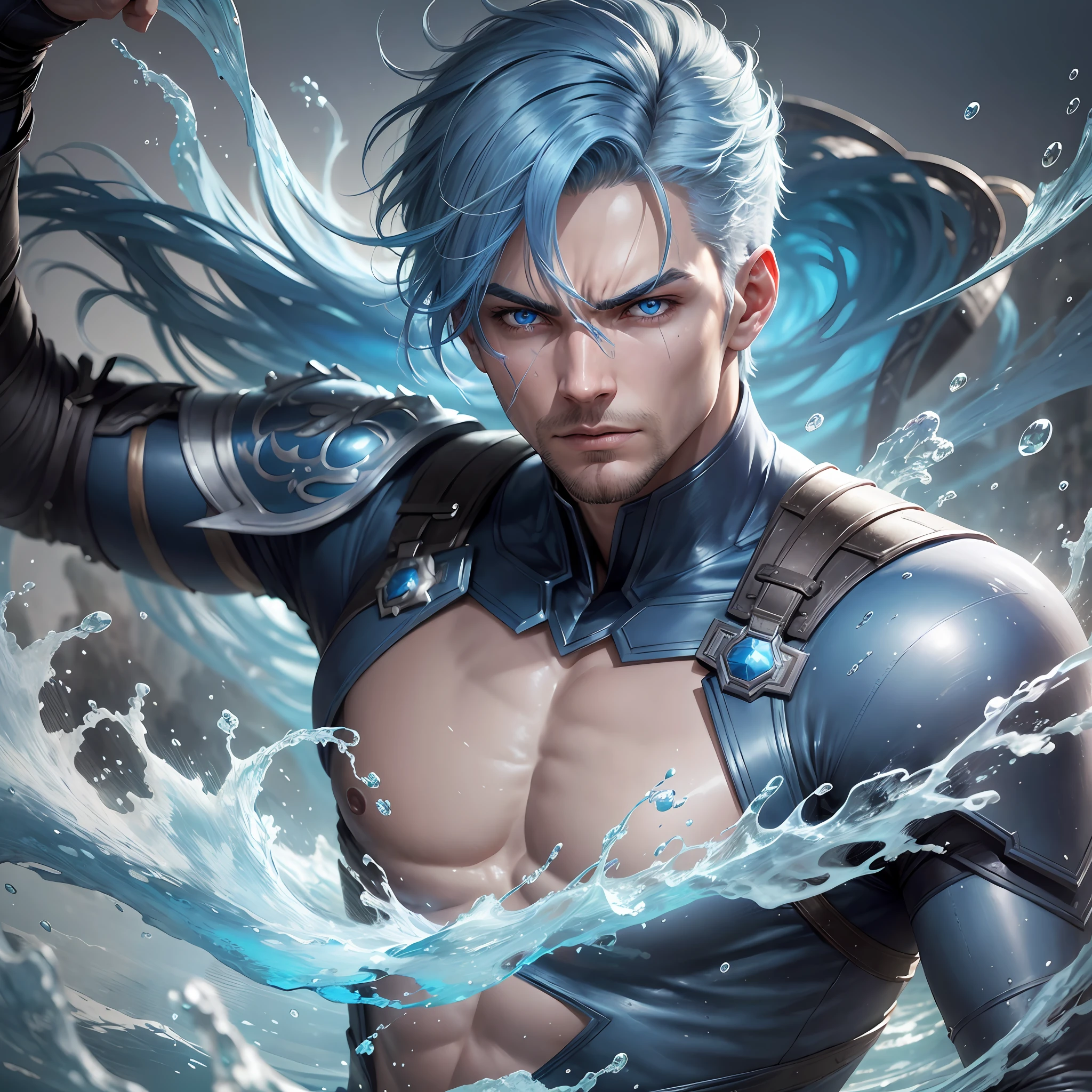 Male character with super power to control water, blue hair, blue eyes, 8k white skin, high definition, detailed face, detailed face, detailed eyes, hyper-realistic, + cinematic plan + dynamic composition, incredibly detailed, sharpness, details , angry + day with sun + perfectionism + award-winning realism ((ambient lighting)) + modern clothing
