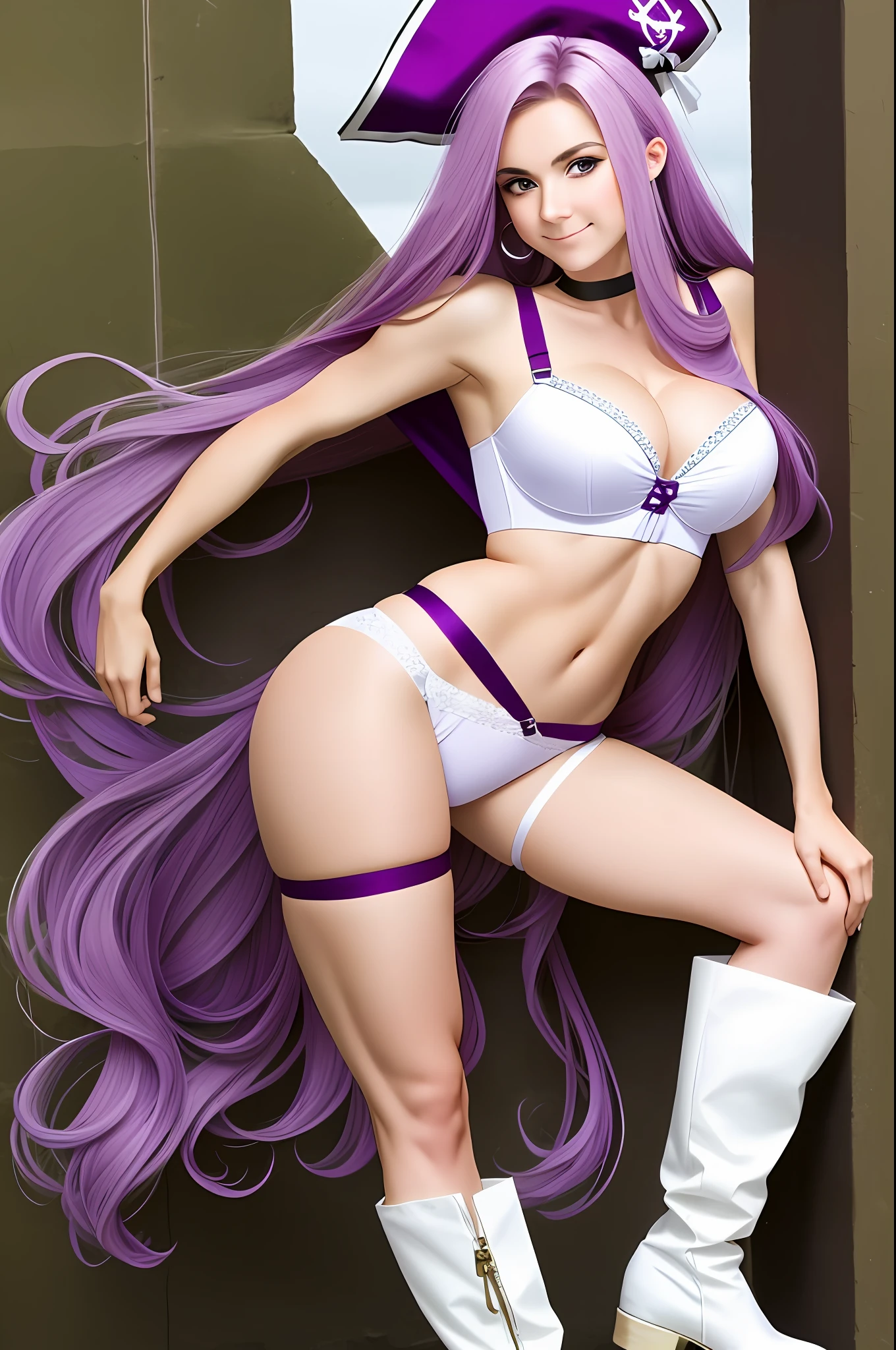 Beautiful woman, perfect body, with long hair in pink color, violet colored eyes, wearing pirate hat, showing navel, with open white blouse and short shorts with suspender, showing transparent bra, large breasts, showing the ass, big busda, perfect silhouette, green transparent pantyhose, brown boot long barrel, 1girl, long_hair, smile, open_mouth, large_