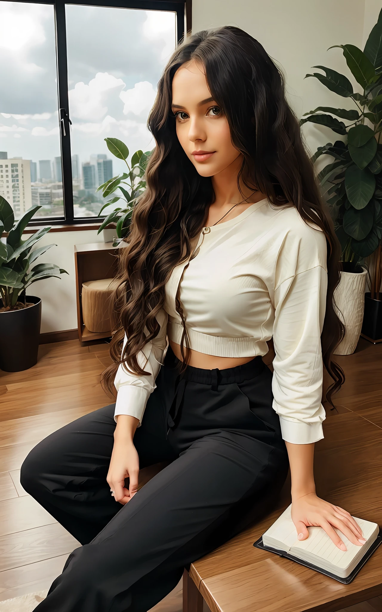 1 adult woman, long hair, curly hair, curls, curly, black hair, brown eyes, sky, plants, long shirt, pants, notebook, sitting