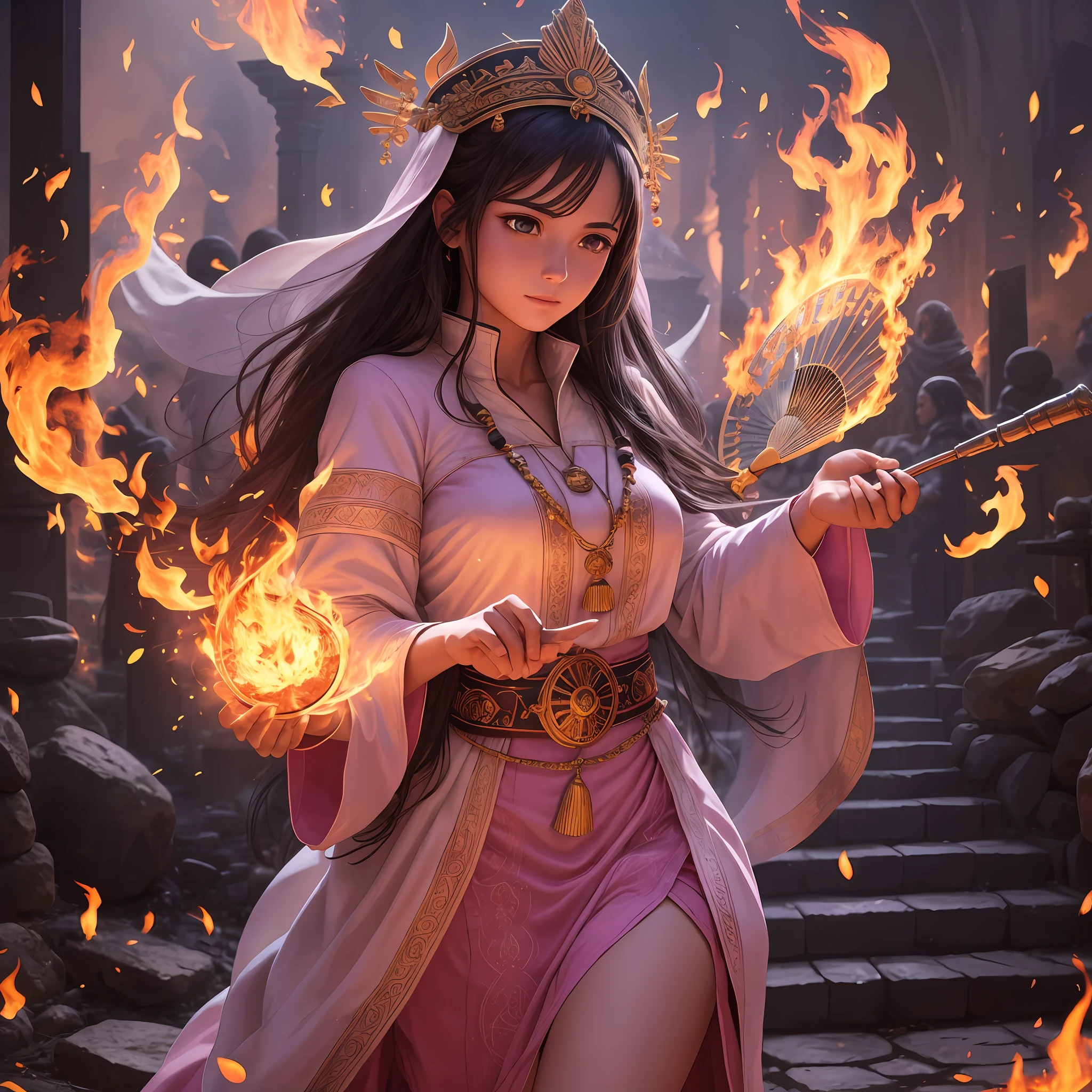 High Frequency: 1.8, Rich Detail, Masterpiece, 8K, Beautiful Priestess in Pink Shirt Standing in front of Fire, Dancing, Hands Waving Fan, Fan on Fire, Flames Surround Priestessess, Burning Battlefield Background, --auto --s2