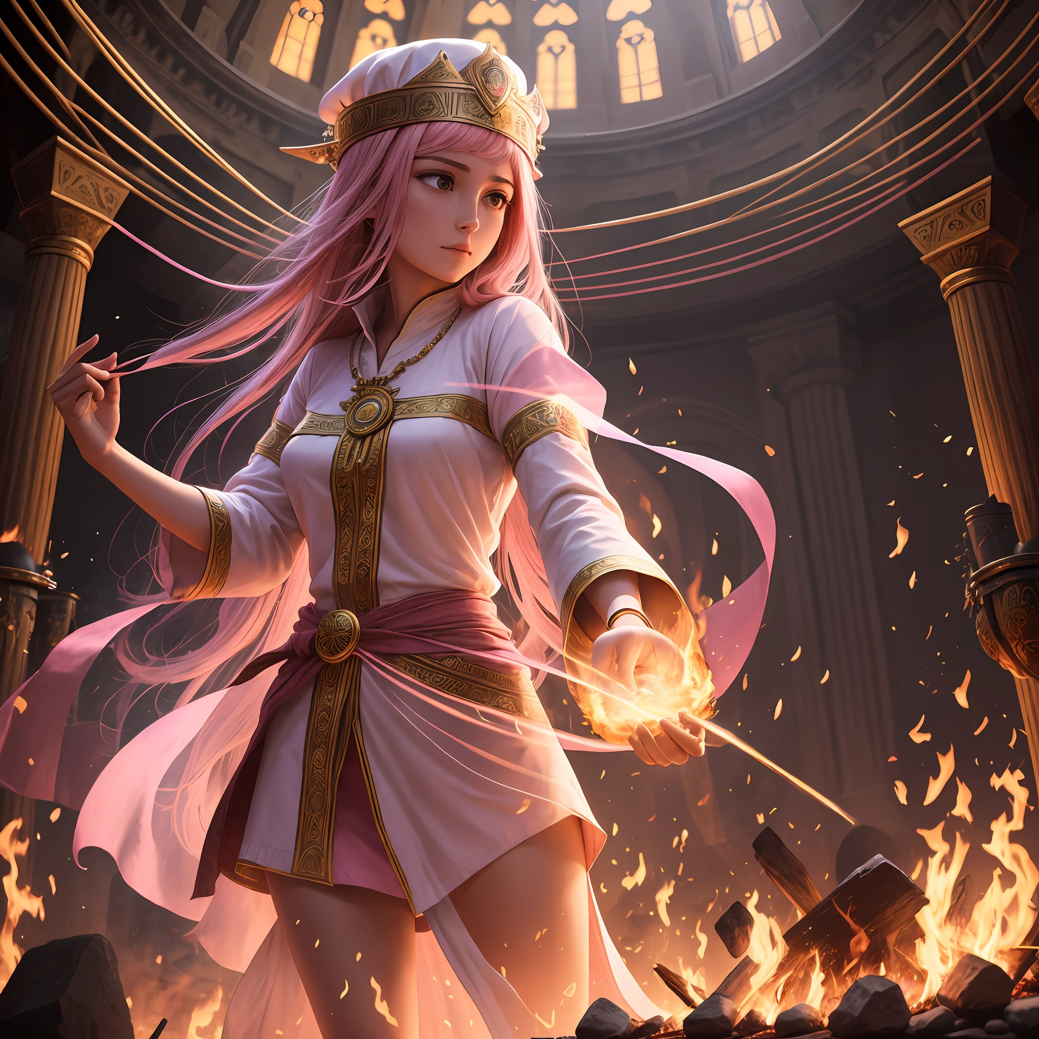 High Frequency: 1.8, Rich Detail, Masterpiece, 8K, Beautiful Priestess in Pink Shirt Standing in front of Fire, Dancing, Hands Waving Fan, Fan on Fire, Flames Surround Priestessess, Burning Battlefield Background, --auto --s2