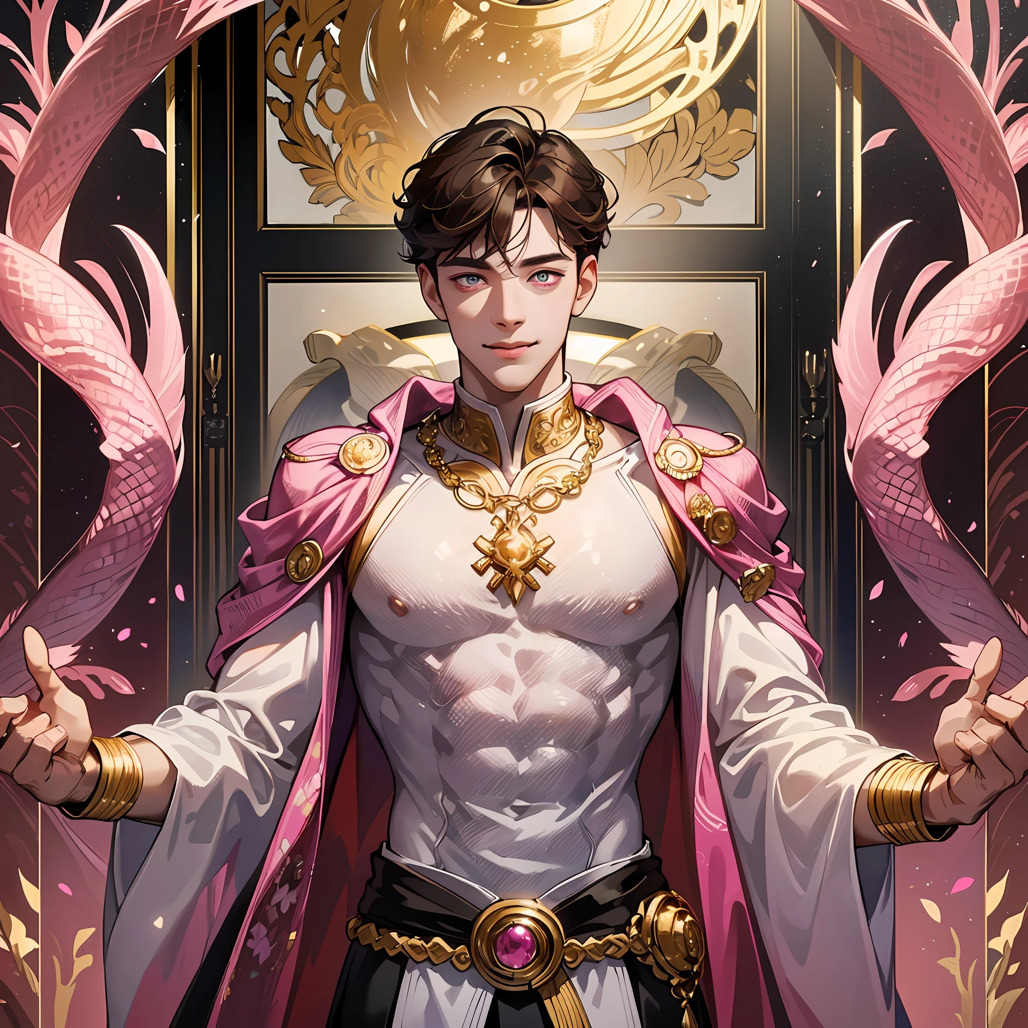 Young man with heterochromic eyes, smiling standing with his arms outstretched, well-structured male body, gold jewelry on his body, dark brown hair, reflection of pink light,, white scenery background, floor with many ultra-detailed pink snakes