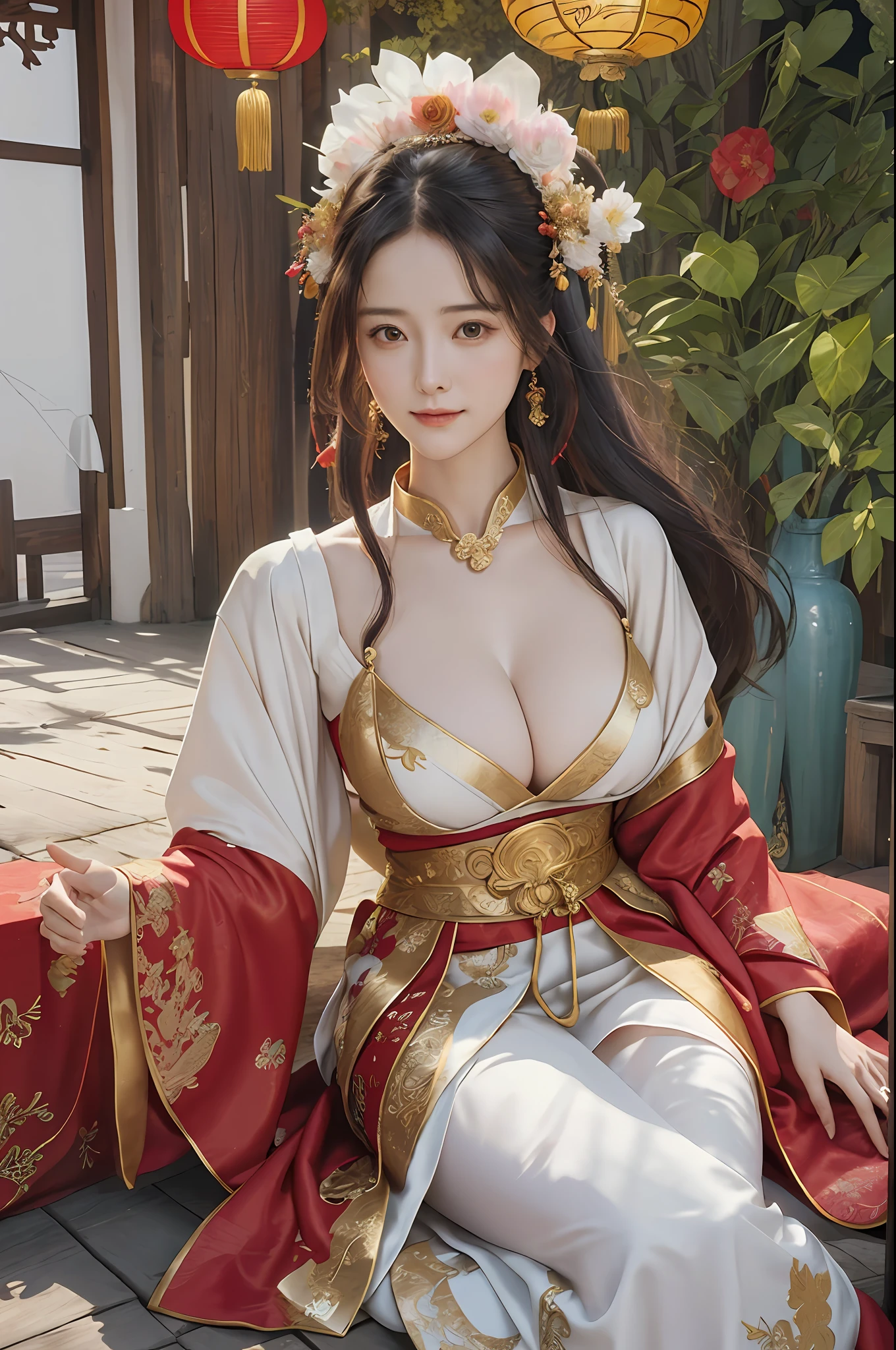 ((Marian Rivera)), cleavage, oriental woman in dress in an old chinese style, ((the hanfu has enormous fabric, ultra long hanfu, multi-layer hanfu, colorful handfu, lots of fabric)), ((red and golden)), in the style of fujifilm eterna 400t, decadent graphic designer, victorian-era clothing, gutai group, fairycore, luxurious fabrics, gold leaf ,best quality, masterpiece, photo realistic, intricate details, raw photo, photon rendering, octane render, absurdres, ultra detailed, detailed face, detailed skin, trending on artstation, 8k masterpiece, cinematic lighting, ( (1girl)),((solo)),((looking_at_viewer)),trending on cg society,plasticien,((black long hair)),((beautiful woman)),(Smile),((sexy)),wind blowing hair, ((flowing hair)),happy,fashion magazine, ((full shot)), (((enormous amount of decoration ))) , nice breasts , ancient kettle, cups, books, a cottage, fire cracker, red lanterns, porcelain vases, flower pattern fabric, red leaves on the floor, ((colorful)), fruits on the floor