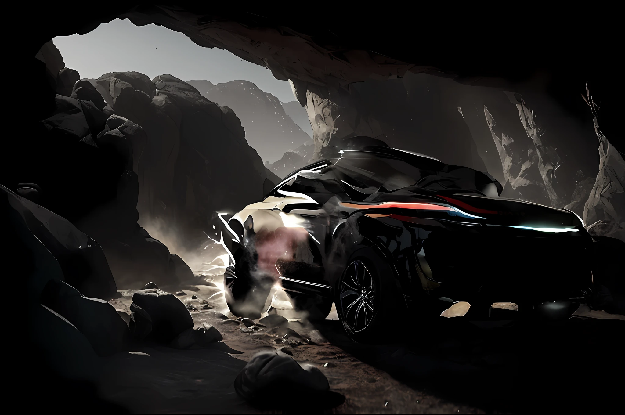 Range rover evoque p250 my22, (retro scifi:1.3), futuristic (armored:1.4) suv driving in desert, rally racing, headlights on and beams of light emanating from headlights, (dust rising from ground and rocks:1.3), (film grain), (vignetting:1.2), (chromatic aberration), (motion blur), wheels kicking up dust, 3d render, ultra high graphics, ultra high resolution, 8k, ray tracing, octane render, unreal engine, (concept art) by greg rutkowski, trending on artstation