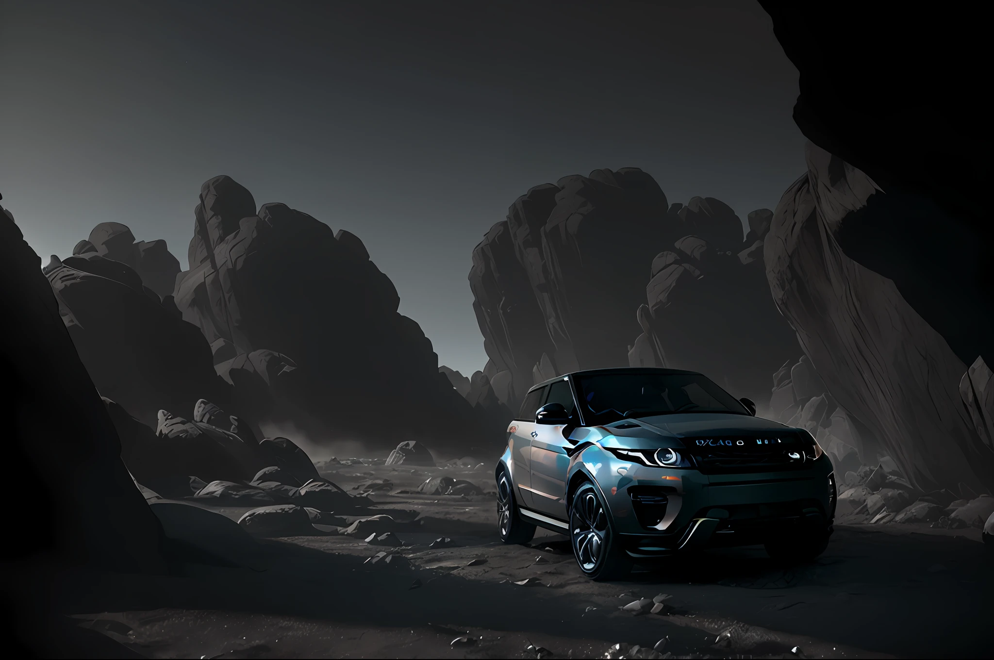 Range rover evoque p250 my22, (retro scifi:1.3), futuristic (armored:1.4) suv driving in desert, rally racing, headlights on and beams of light emanating from headlights, (dust rising from ground and rocks:1.3), (film grain), (vignetting:1.2), (chromatic aberration), (motion blur), wheels kicking up dust, 3d render, ultra high graphics, ultra high resolution, 8k, ray tracing, octane render, unreal engine, (concept art) by greg rutkowski, trending on artstation
