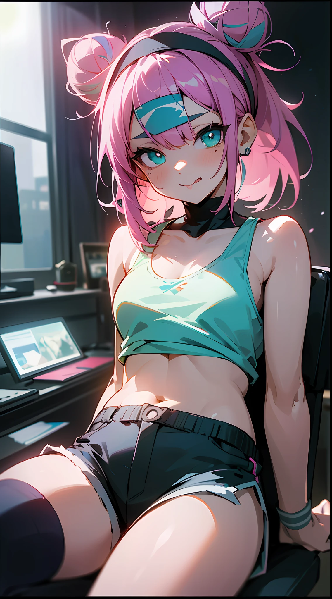 Tank top, shorts, height 165, little girl in over-the-knee socks, gaming room, three computers on table, sitting in gaming chair, confident expression, raised corners of mouth, bangs, double bun, pink hair, hairpins, headband, moles under eyes, heart-shaped pupils, aqua-green eyes, cat ears, saliva, mouth, tongue sticking out, verbal invitation, surrealism, anime, verism, chiaroscuro, cinematic lighting, god ray, backlight, three-sided view, frame, lens flare, wide angle, high resolution, UHD, retina , Masterpiece, ccurate, anatomically correct, textured skin, super detail, high detail, high quality, award-winning, best quality, 1080P, HD, 16k