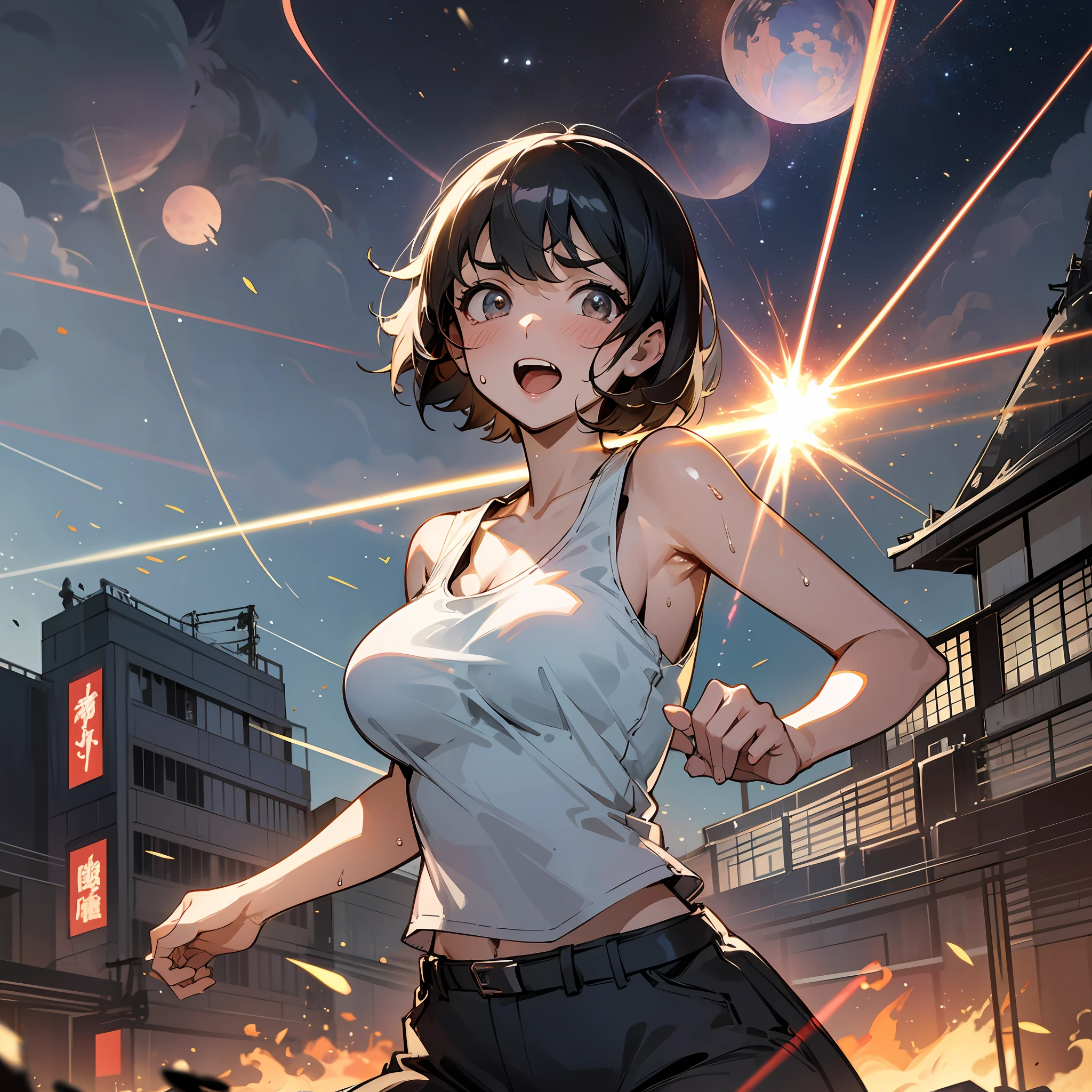1960s movie poster, 7 flying saucers (silver, laser beam), laser beams from flying saucers, UFOs attack town, burning town, explosion, destroyed town, terrified 16 year old girl (Japan people, black hair, short hair, dirty white tank top, big breasts, sweat), people fleeing, high image quality (photo finish), grimy feeling, night --auto --s2
