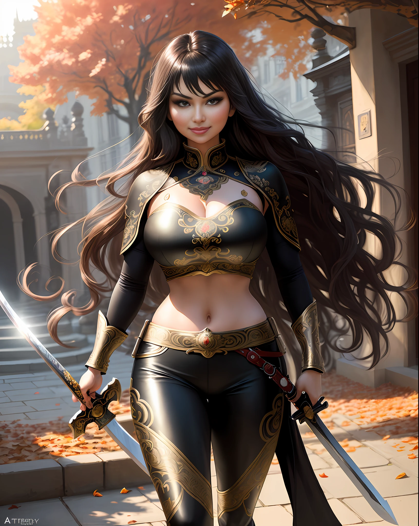 ( masterpiece photography) an alluring ravishing Ninja Warrior Ayesha Takia standing in a fairytale town square, harsh sun, (combat pose:1.2), on a summer day, wearing ninja costume armour leather pants with patches, navel, wet long brown wavy hair with highlights, realistic glistening skin, (holding large ornate swords:1.3), (wide smirk:1.2) vivacious, lustful glance, exhilarated, reflections, (beautiful detailed eyes:1.1) , intense dramatic lighting, (dramatic windy scene), backlit, light rays, highly detailed, trending on artstation, paint splashes, rich colour, falling leaves all around, (perfect long wavy hairstyles), full length, abstract portrait, by Atey Ghailan