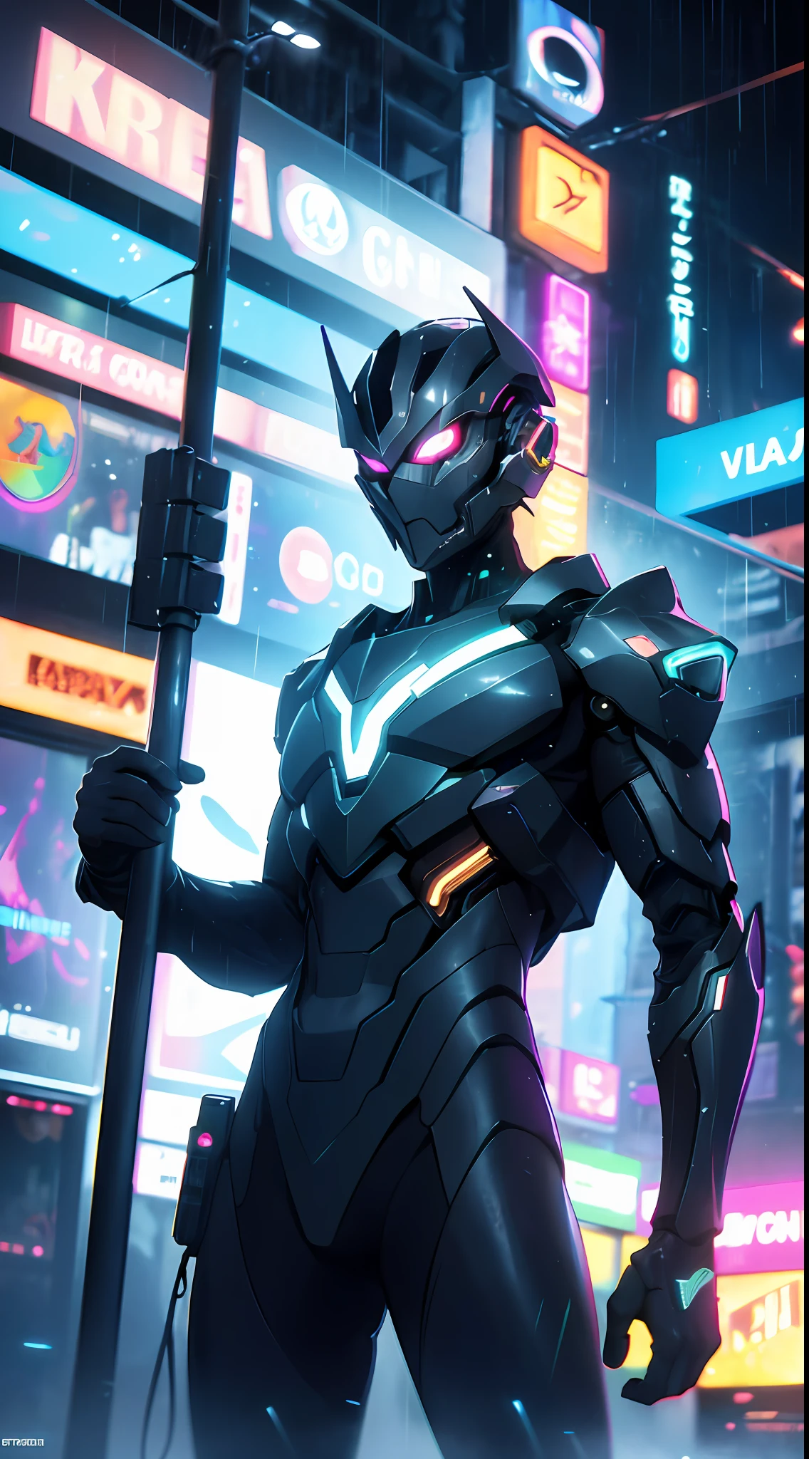 An award winning master piece photo of a cyborg man with psychedelic colors standing in a city street at night in the rain, 8k, (high quality:1.1), (cinematic feeling:1.1), dark deep shadows, incredibly intricate detailing, art , (up close:1.1), from above, looking at viewer, (light sparkles:1.1), (chromatic aberration,:1.2) background with floating light artifacts , neon-colored glowing background