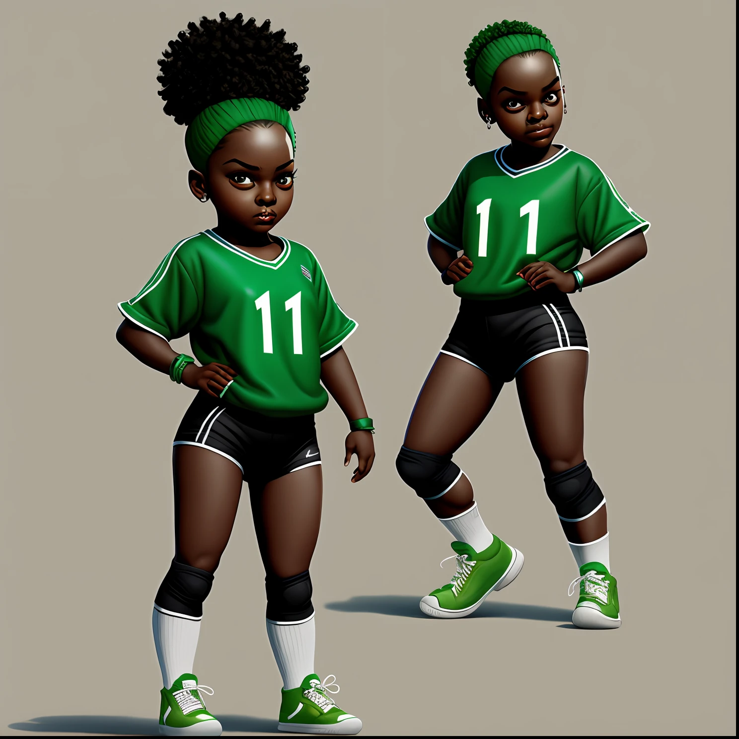 volleyball player, black skin, green hair, dressed in green volleyball outfit, character, cute, Devian Art, Trending Artstation, Digital Art, Detailed, Cute, Realistic, Humanoid, Character, Cinematic Sho