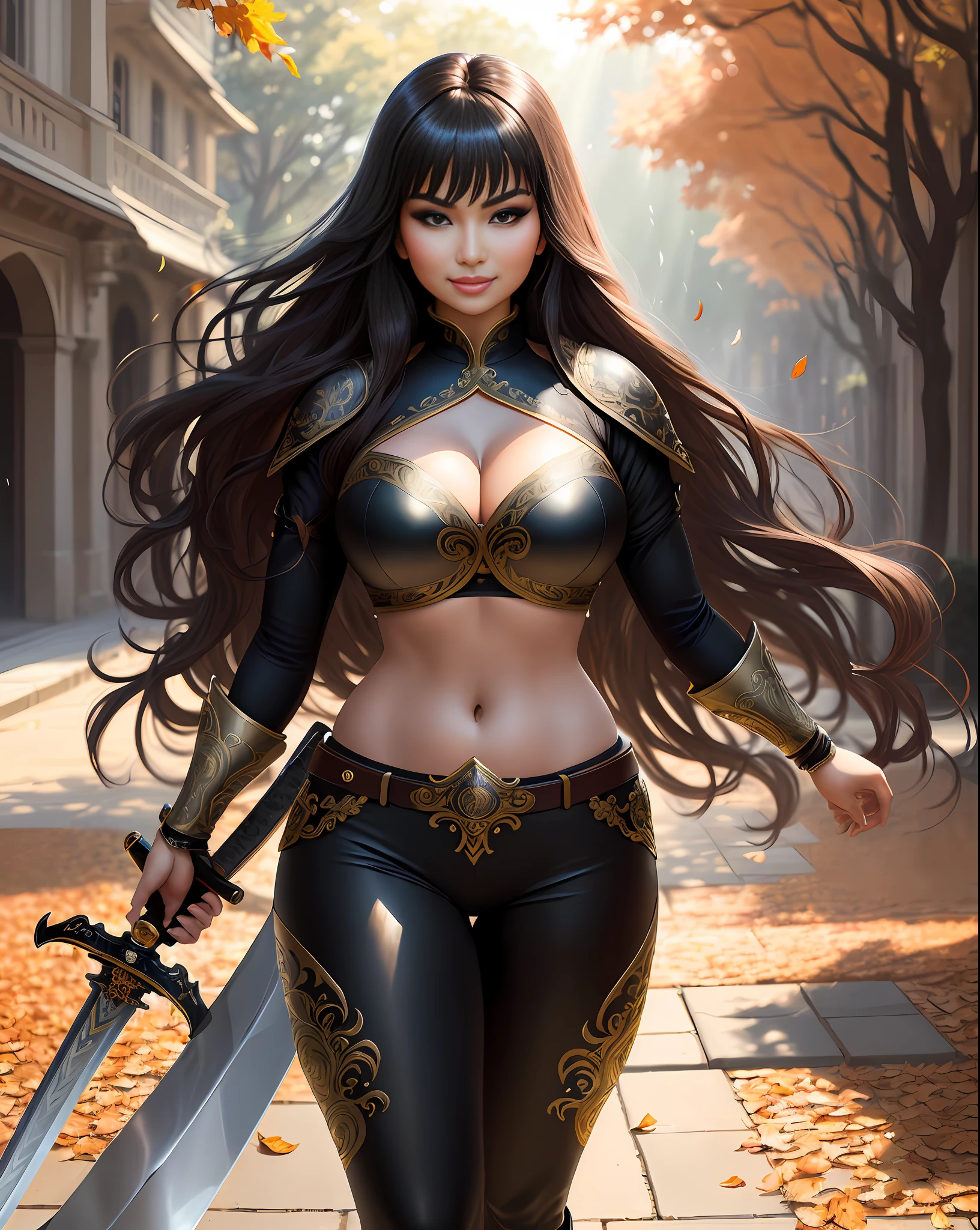 ( masterpiece photography) an alluring ravishing Ninja Warrior Ayesha Takia standing in a fairytale town square, harsh sun, (combat pose:1.2), on a summer day, wearing ninja costume armour leather pants with patches, navel, wet long brown wavy hair with highlights, realistic glistening skin, (holding large ornate swords:1.3), (wide smirk:1.2) vivacious, lustful glance, exhilarated, reflections, (beautiful detailed eyes:1.1) , intense dramatic lighting, (dramatic windy scene), backlit, light rays, highly detailed, trending on artstation, paint splashes, rich colour, falling leaves all around, (perfect long wavy hairstyles), full length, abstract portrait, by Atey Ghailan