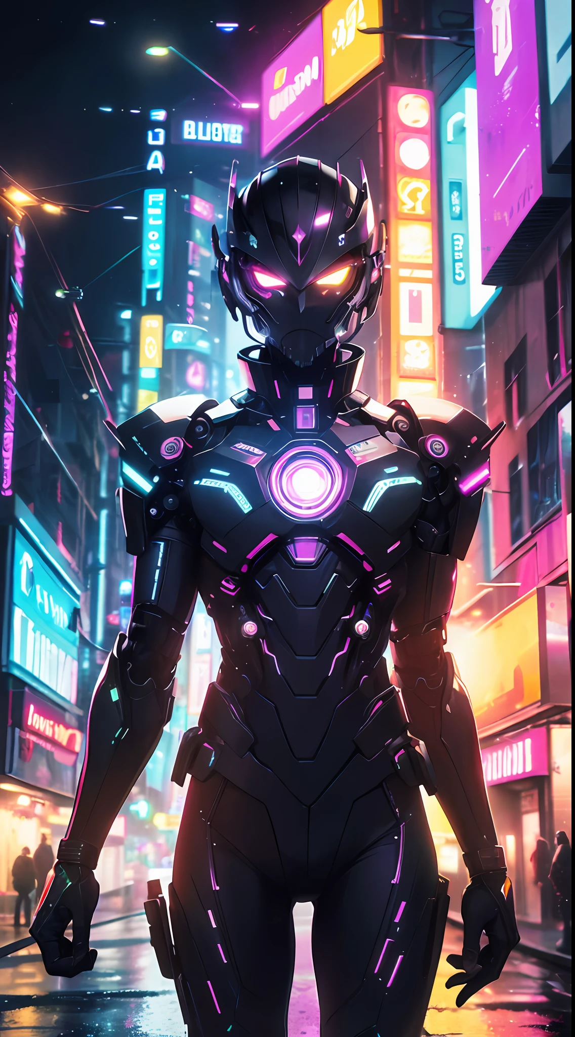 An award winning master piece photo of a cyborg man with psychedelic colors standing in a city street at night in the rain, 8k, (high quality:1.1), (cinematic feeling:1.1), dark deep shadows, incredibly intricate detailing, art , (up close:1.1), from above, looking at viewer, (light sparkles:1.1), (chromatic aberration,:1.2) background with floating light artifacts , neon-colored glowing background