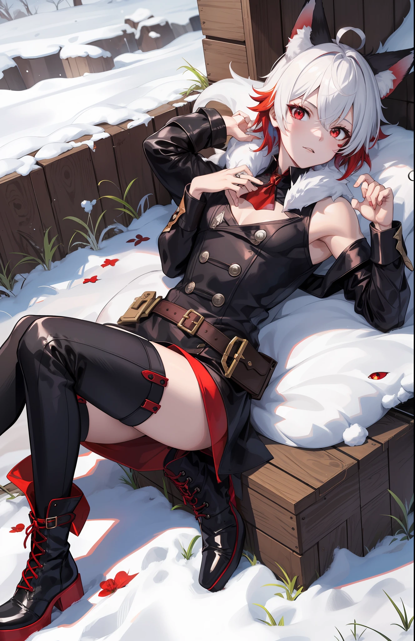 1boy, toned, sharp fox ears, fox tail, snow white messy hair, ruby red eyes, HD, masterpiece, vibrant, black boots, dead expression, thigh highs, safe for work, gothic aesthetic, fire powers
