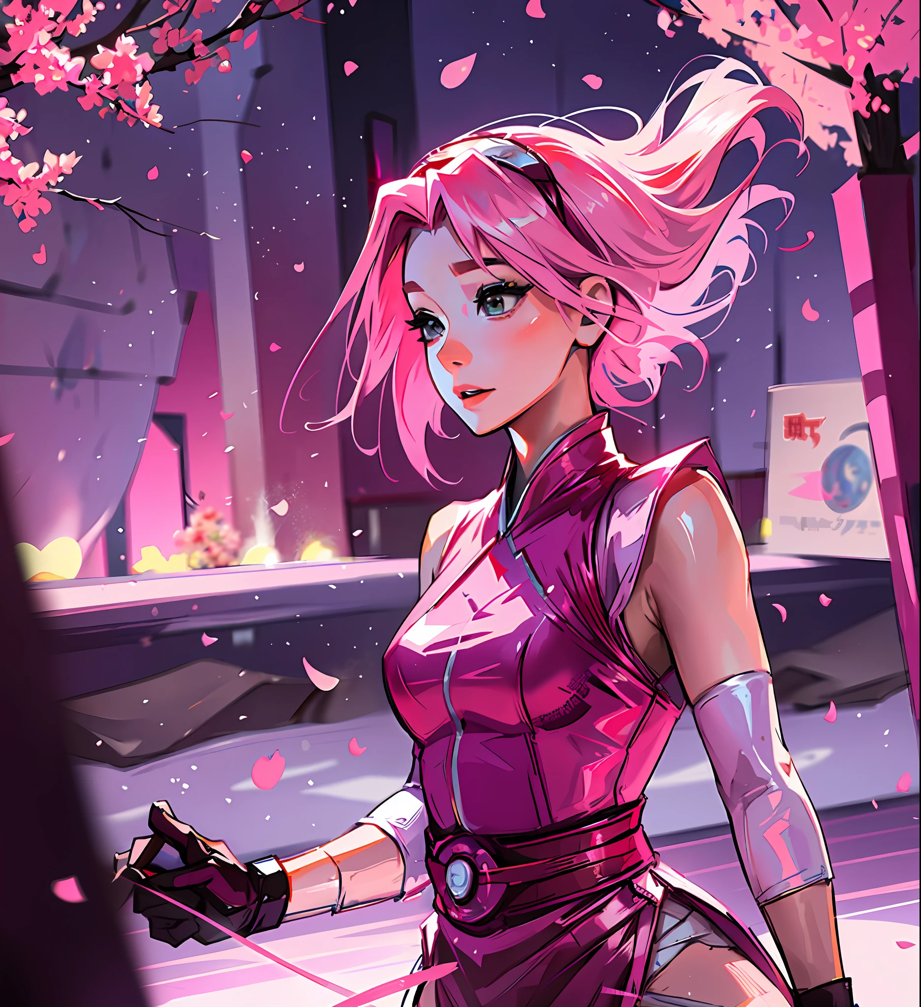 Sakura haruno, a figure skater, dancing on an ice rink, Sakura's hair is pink and short, there is nothing on her head, no adornment, whole body, her body is thin and graceful, her outfit is red, the image is charming and spectacular and there is depth in the scene, it is exciting, she is delicate, book cover