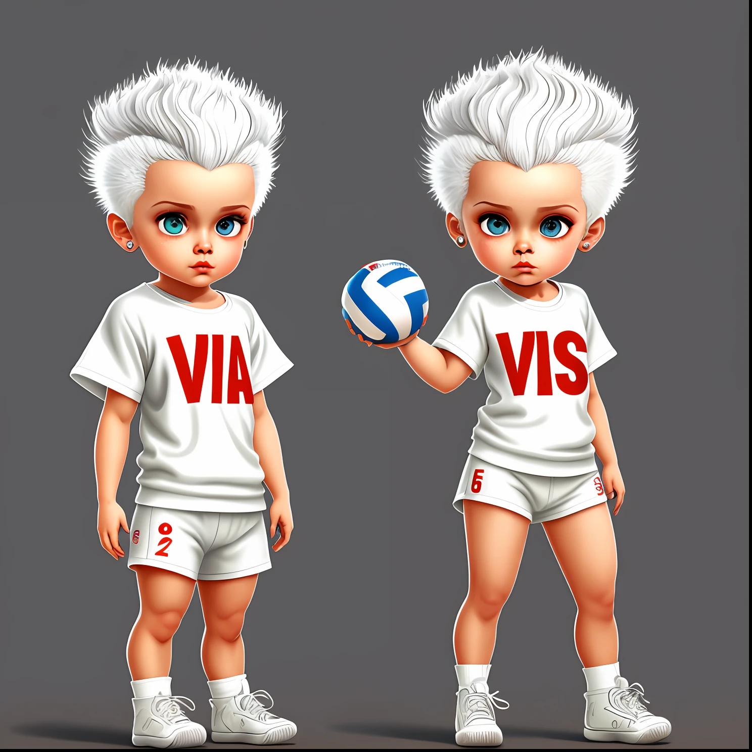 volleyball player, baby girl, white skin, white hair, dressed in white volleyball outfit, character, cute, Devian Art, Trending Artstation, Digital Art, Detailed, Cute, Realistic, Humanoid, Character, Cinematic Sho