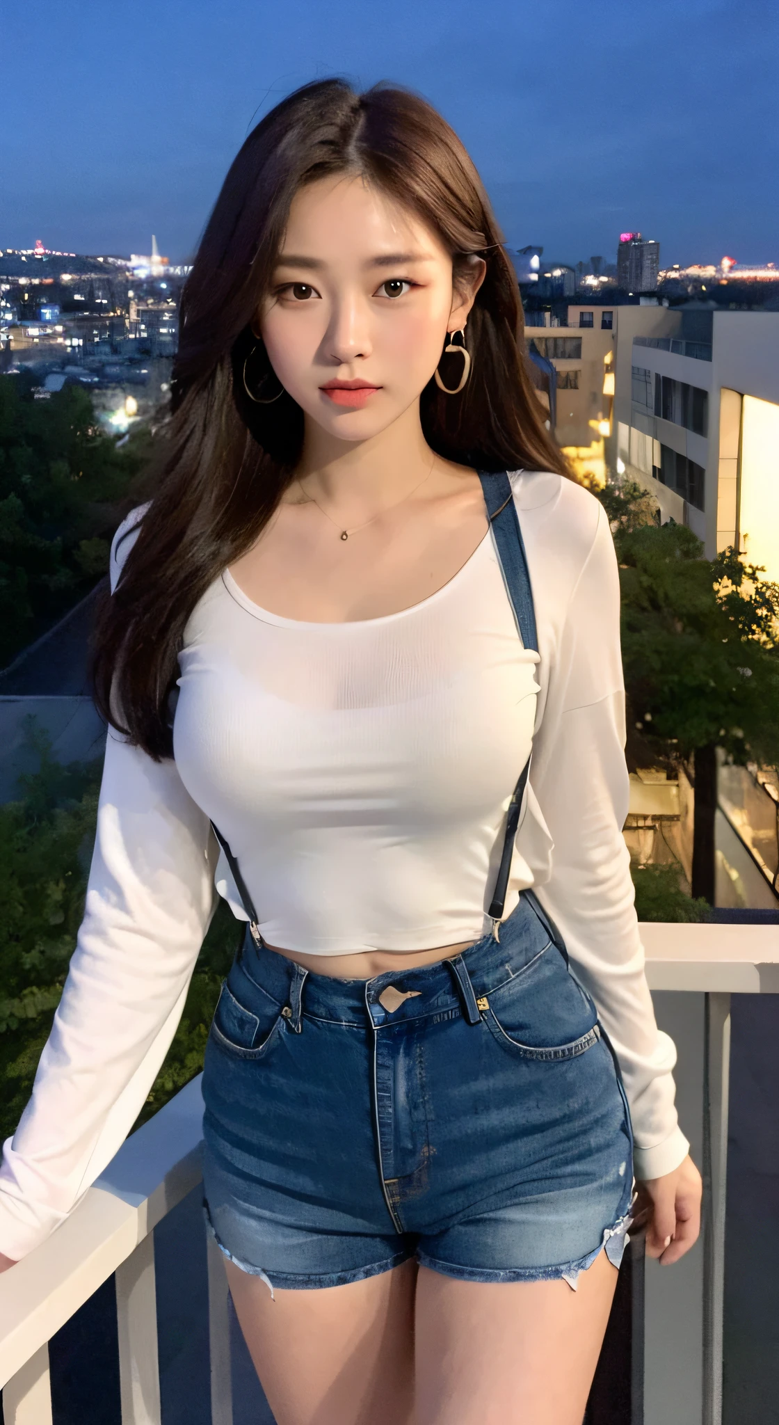 ((midnight, 8k, best quality, very detailed, wallpaper, fidelity, fine details, masterpiece, best quality)), full body, long calves, focal length: 1.2, perfect body beauty: 0.8, strong abs: 1.5, (dark brown hair, big breasts: 1.65)), (white skinny crop top, low-rise jeans, standing: 1.2), ((city night view, balcony: 1.3)), highly detailed face and skin texture, fine eyes, double eyelids, whitening skin, long hair, Smooth skin: 1.2