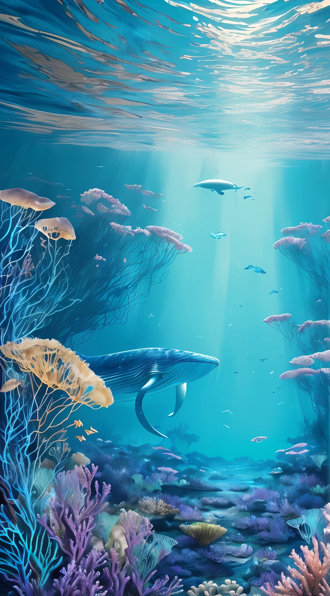 Extreme Realistic, Masterpiece, best quality, (very detailed 8k wallpapers), (best quality), (best shadows), deep ocean theme with natural elements. Tall mangroves, marine plants, glowing jellyfish, ((blue whale)), (marine plants), (ocean theme), ((luminous algae)), (coral), ((Glow Creatures in Seawater)), ((Sea Fire)), ((Particle Effect)), Octane Rendering, Super Detailed