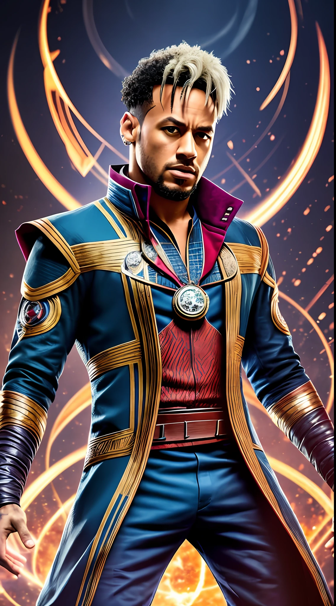 ultra realistic photo of Neymar Jr with the appearance of Doctor Strange Marvel, costume of Doctor Strange, full body, With its cover, with soft lighting and delicate details, cinematic capture in 16K to suit the trend of Octane and Artstation. --auto --s2
