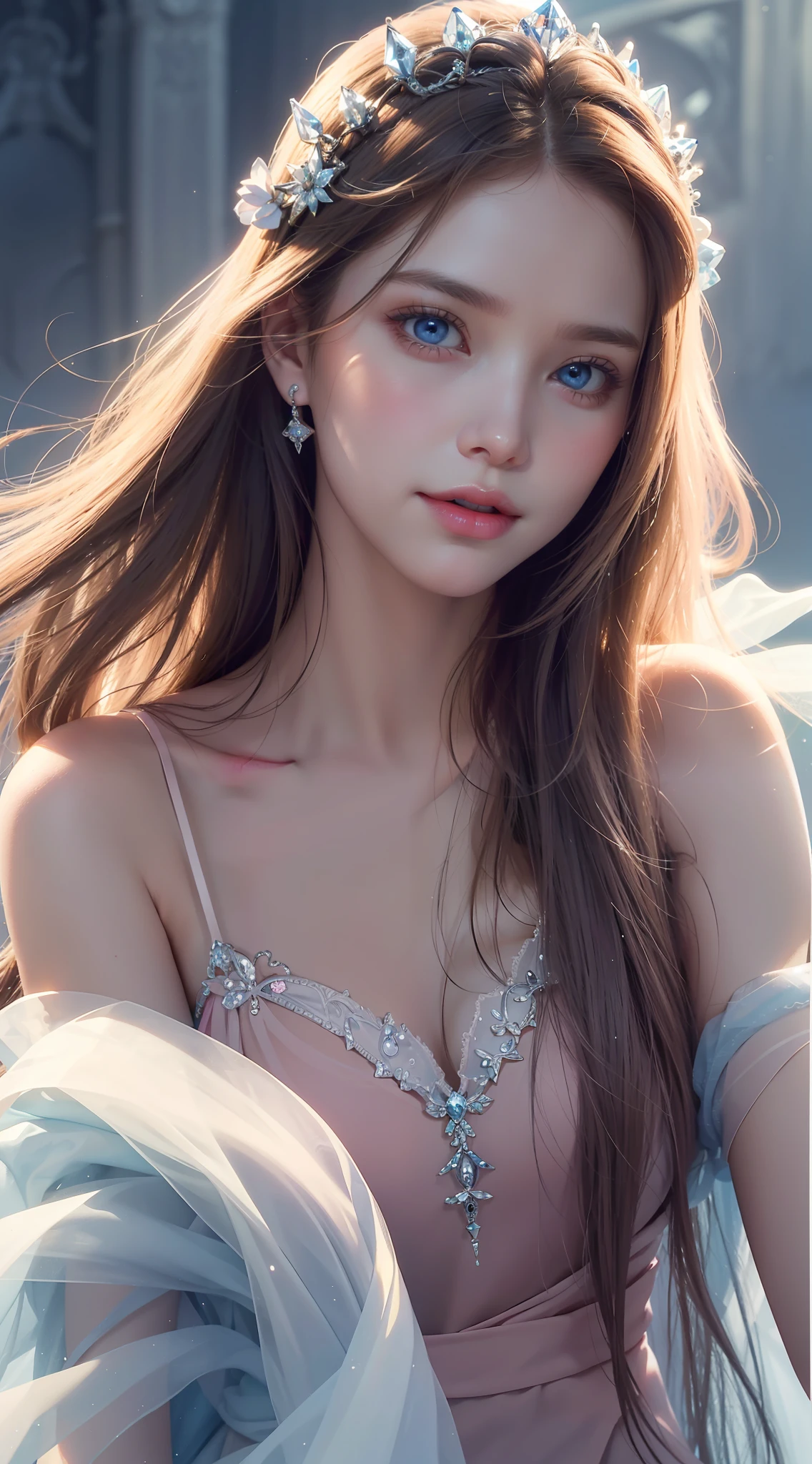Best quality, masterpiece, ghost knife character, ice princess, brunette hair, blue eyes, upper body, slightly open mouth, smile, delicate mouth, delicate s, mouth, very detailed face, blush, close-up, pink lips, delicate lips,