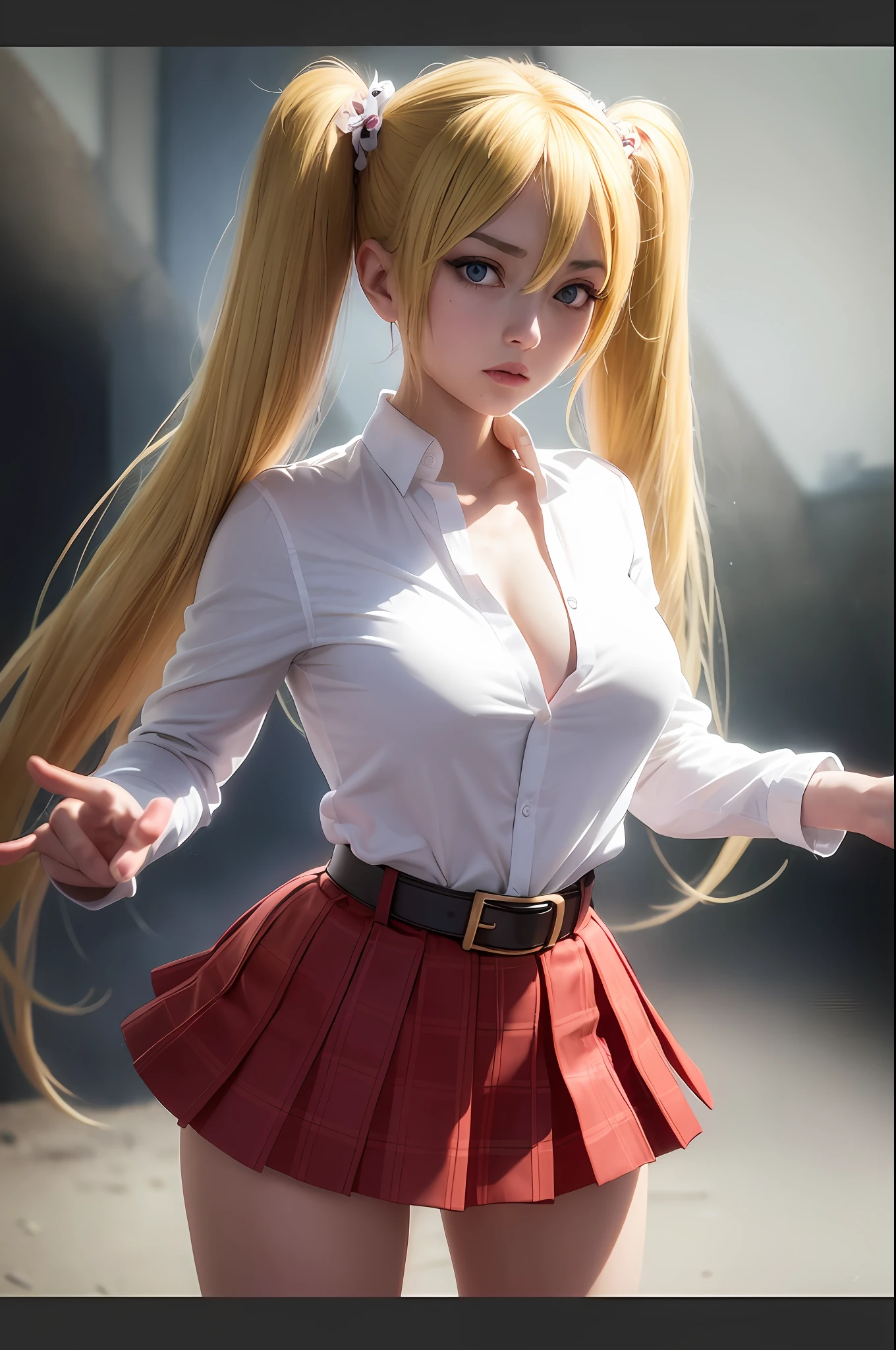 masterpiece, best quality, super detailed, beautiful detailed face, intricate details, flat color, depth of field, outline, overall view, camera far away, girl, standing far, teenager, anime, standing, standing upright, full-length, visible at full height, wide stance, (legs wide apart: 1.4), hands at the waist, (hands on the belt: 1.3), elbows to the sides, (fighting stance: 1.2), looks at the viewer,  (village:1), nature, (blonde:1.6), (twintails:1.5), red pleated miniskirt, red skirt, white shirt, white shirt, unbuttoned top buttons, unbuttoned shirt, white blouse, (without bra:1.1), plunging neckline, black tights, detailed skin texture, detailed fabric texture, huge breasts, (blue eyes:1,1), (ruddy:1), dissatisfied, angry, furious, (frowned:1.5)