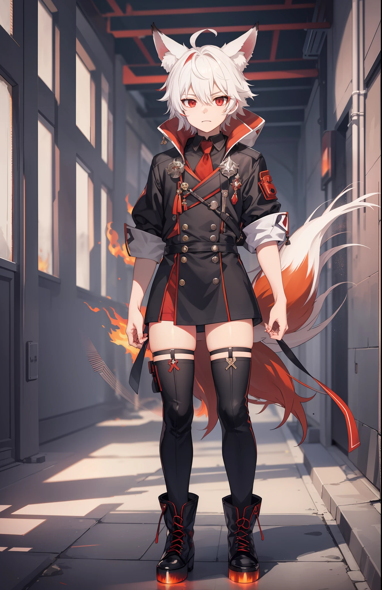 1boy, toned, sharp fox ears, fox tail, white messy hair, ruby red eyes, HD, masterpiece, vibrant, black boots, dead expression, thigh highs, safe for work, gothic aesthetic, fire powers