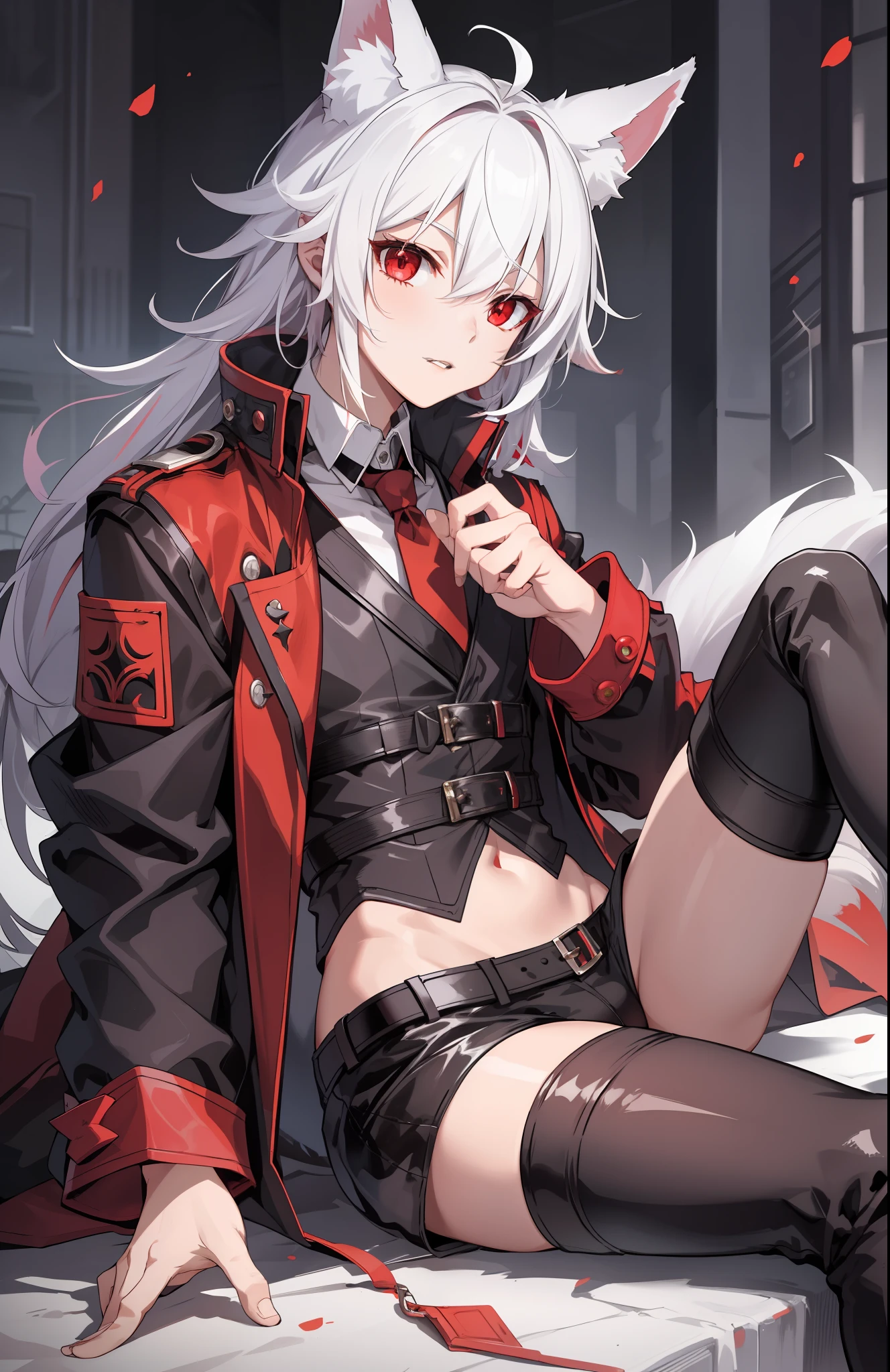 1boy, toned, sharp fox ears, fox tail, white messy hair, ruby red eyes, HD, masterpiece, vibrant, black boots, dead expression, thigh highs, safe for work, gothic aesthetic, fire powers