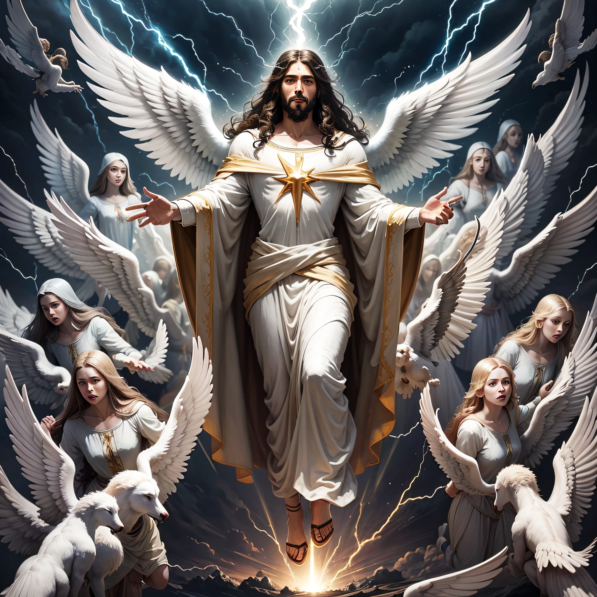 jesus christ descending from heaven with lightning and thousands of angels around --auto --s2