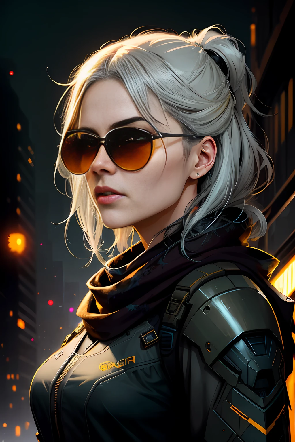 (dark shot:1.1), epic realistic, portrait of halo, sunglasses, blue eyes, tartan scarf, white hair by atey ghailan, by greg rutkowski, by greg tocchini, by james gilleard, by joe fenton, by kaethe butcher, gradient yellow, black, brown and magenta color scheme, grunge aesthetic!!! graffiti tag wall background, art by greg rutkowski and artgerm, soft cinematic light, adobe lightroom, photolab, hdr, intricate, highly detailed, (depth of field:1.4), faded, (neutral colors:1.2), (hdr:1.4), (muted colors:1.2), hyperdetailed, (artstation:1.4), cinematic, warm lights, dramatic light, (intricate details:1.1), complex background, (rutkowski:0.66), (teal and orange:0.4)